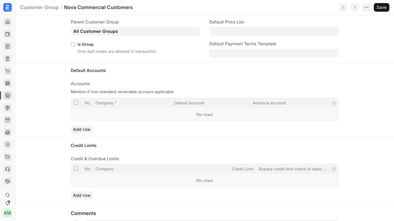 Customer Group form showing its parent, leaf setting, defaults, accounts, and credit limits.