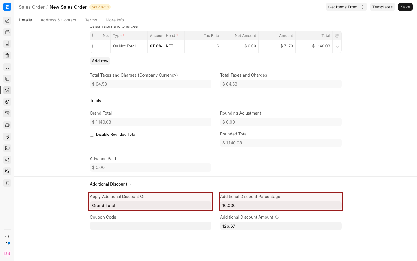 The expanded Additional Discount section with the calculation basis and percentage visible.