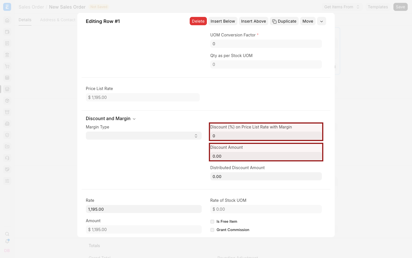 The item row editor with Discount Percentage and Discount Amount visible.