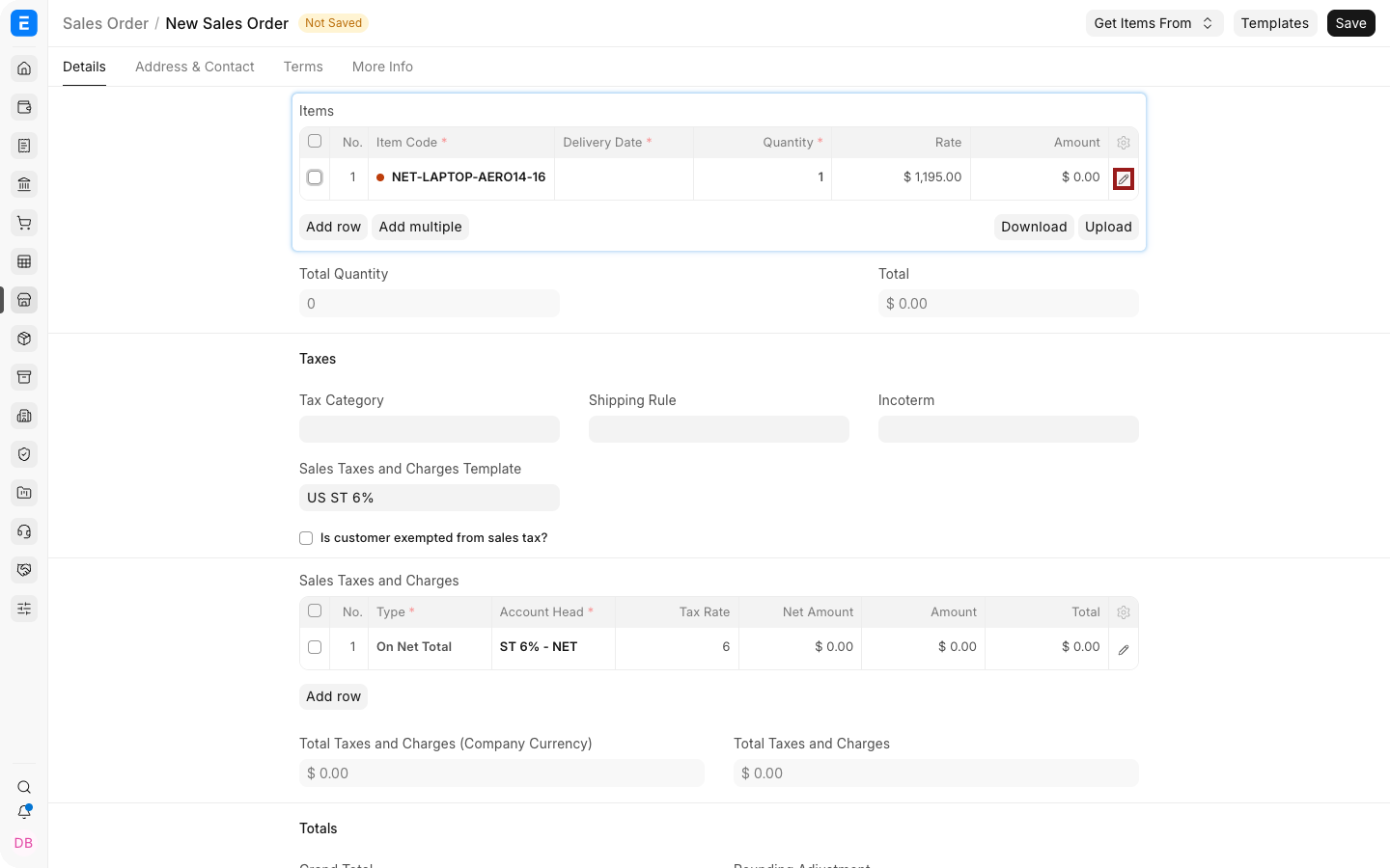 A Sales Order item row with the pencil icon highlighted.