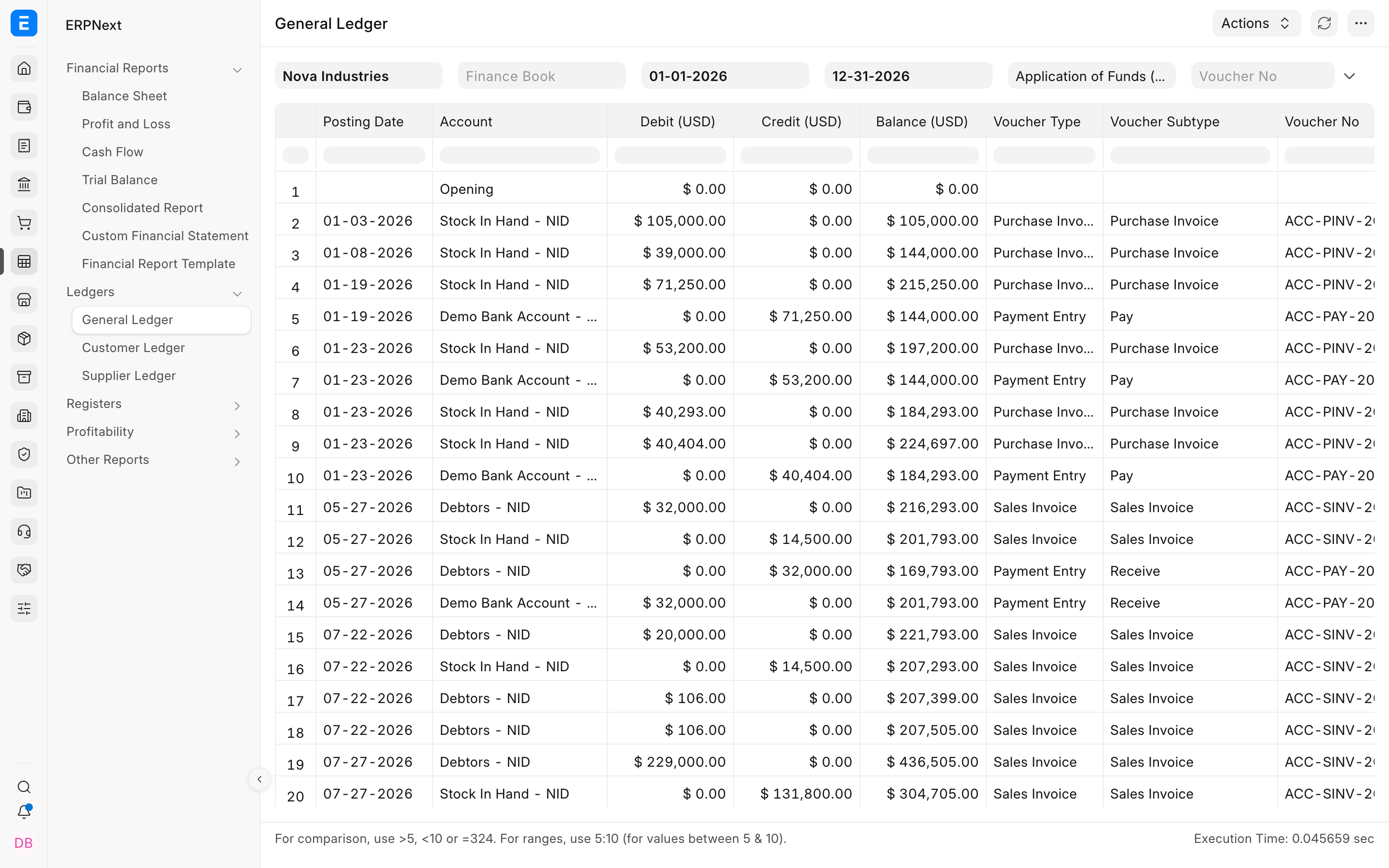 General Ledger drill-down opened from a Balance Sheet account