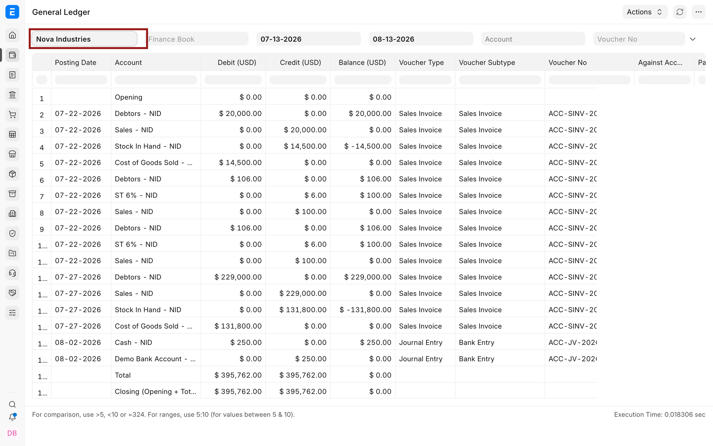 General Ledger filters showing Nova Industries and the selected reporting period