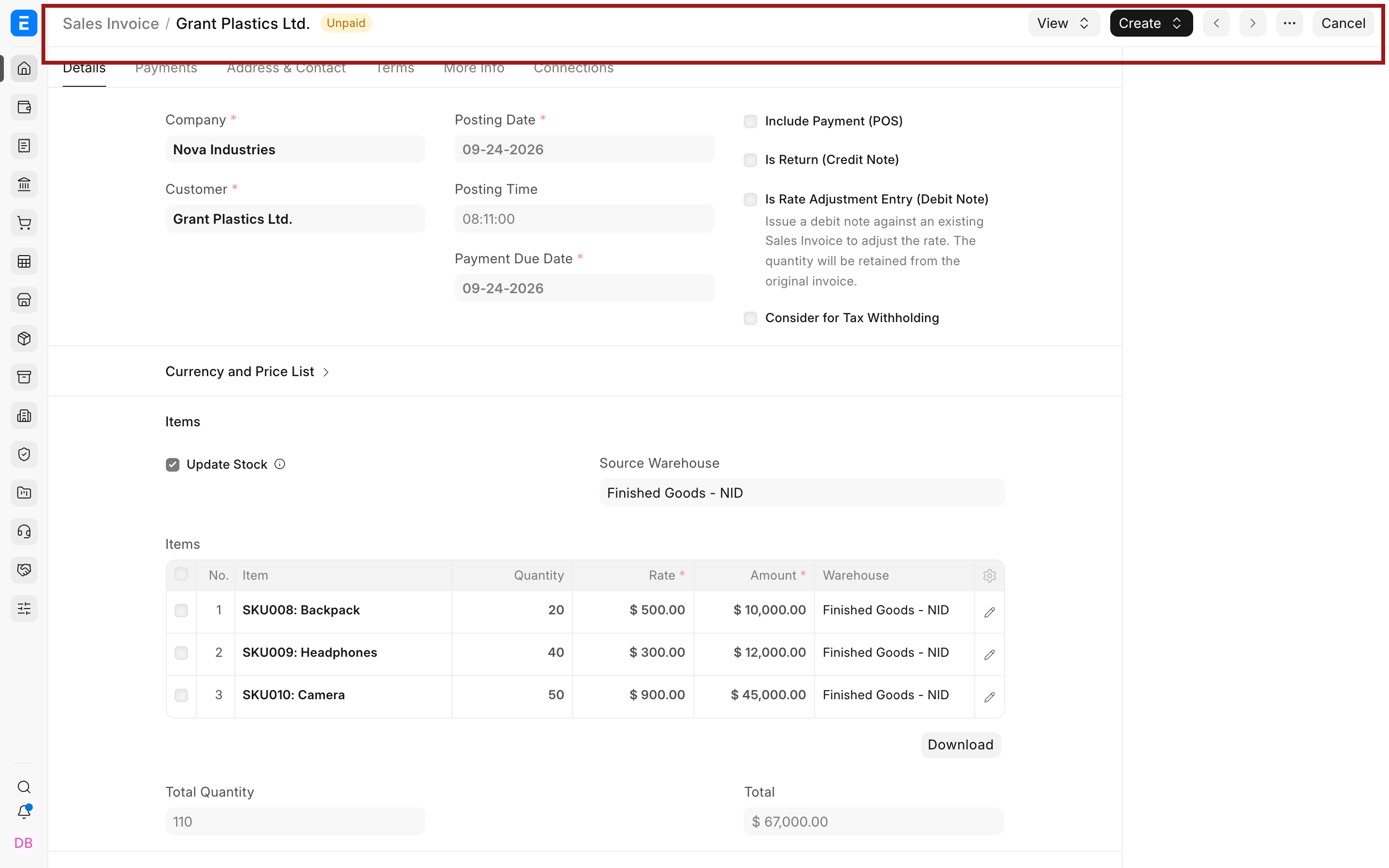 Submitted Sales Invoice opened from its General Ledger voucher link