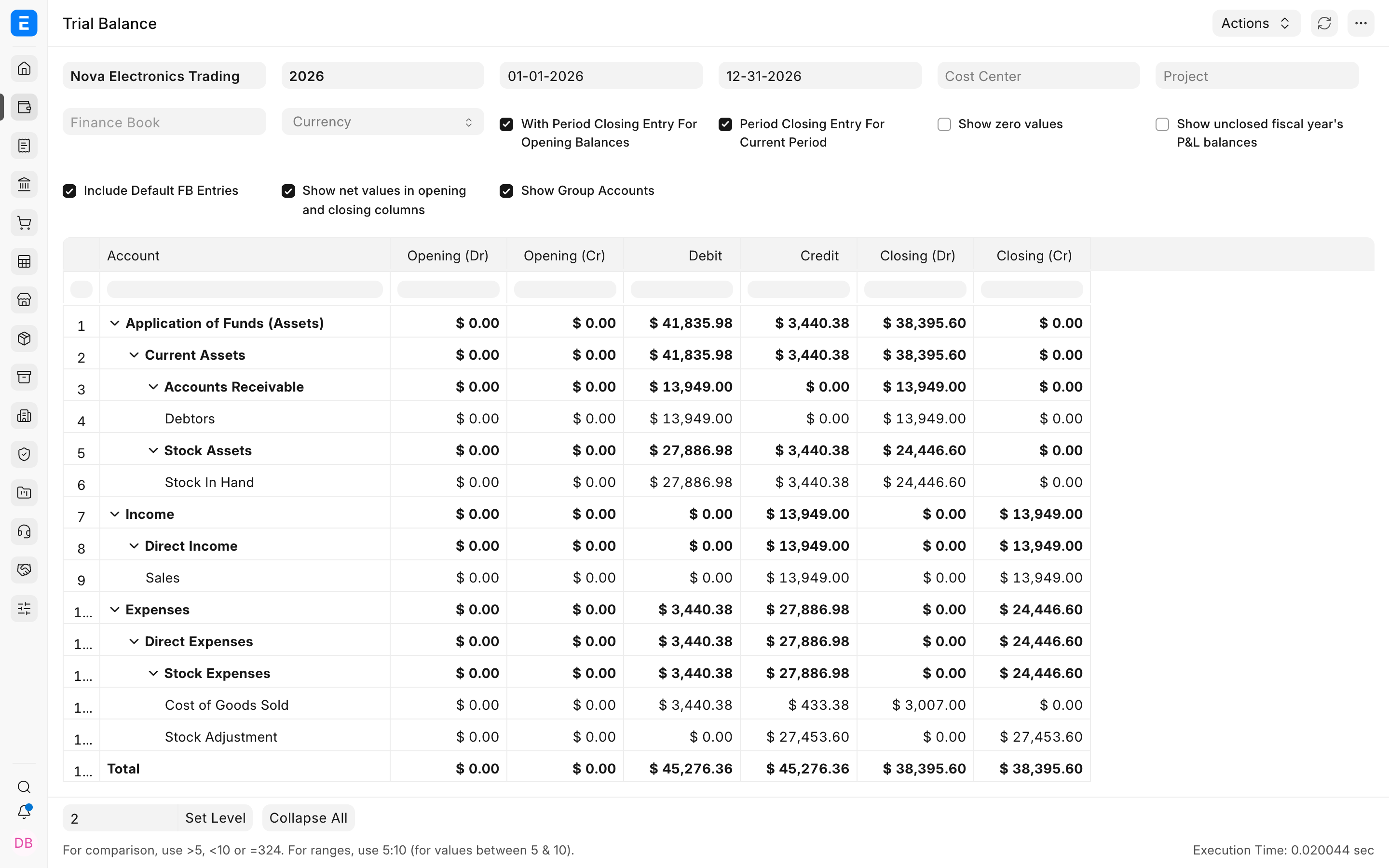 Populated ERPNext Trial Balance used to validate opening and closing balances