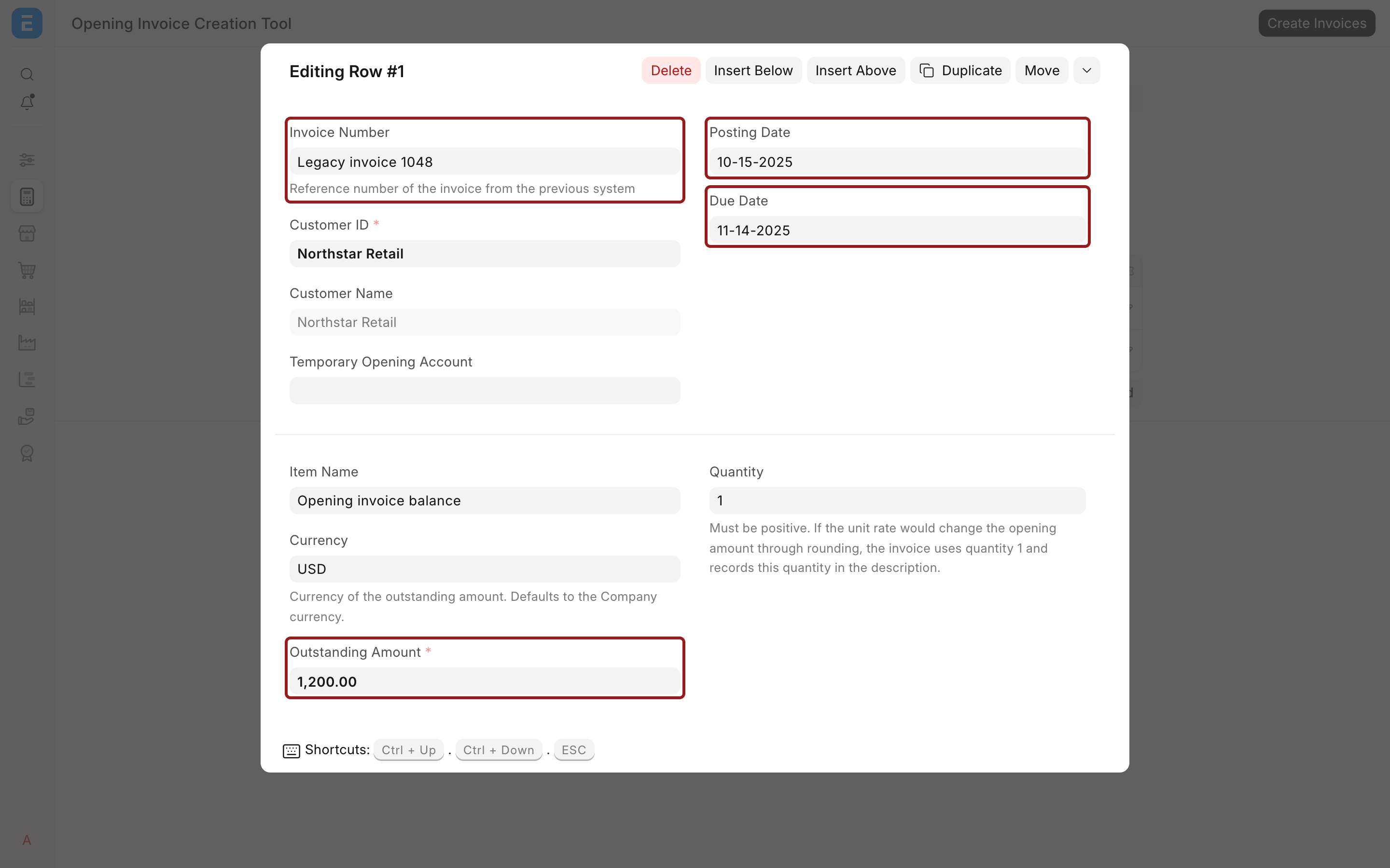 Opening invoice row with its legacy reference, dates, currency, quantity, and outstanding amount