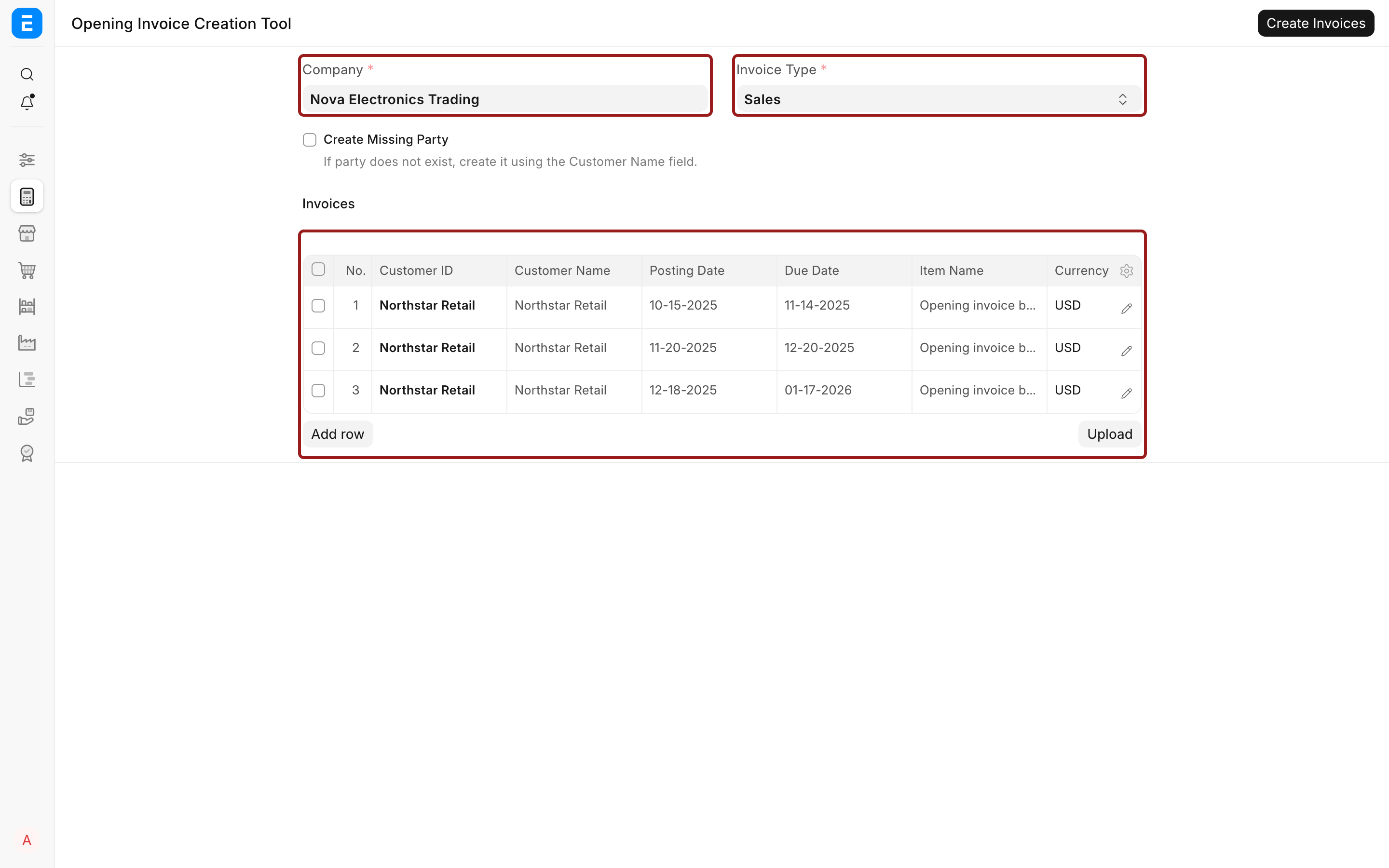 Opening Invoice Creation Tool with three prepared customer invoice rows