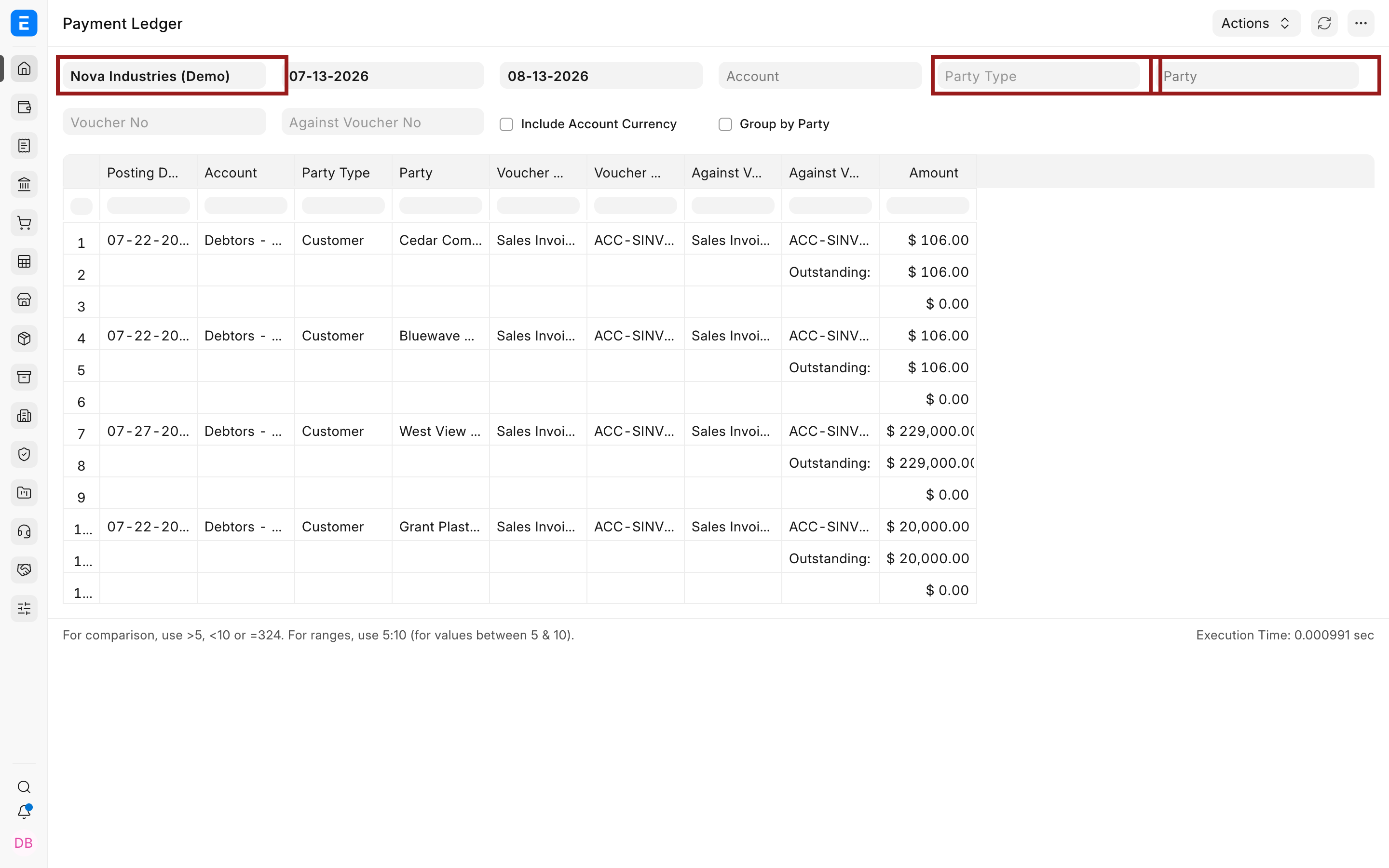 Payment Ledger for Nova Industries showing invoice references and outstanding amounts