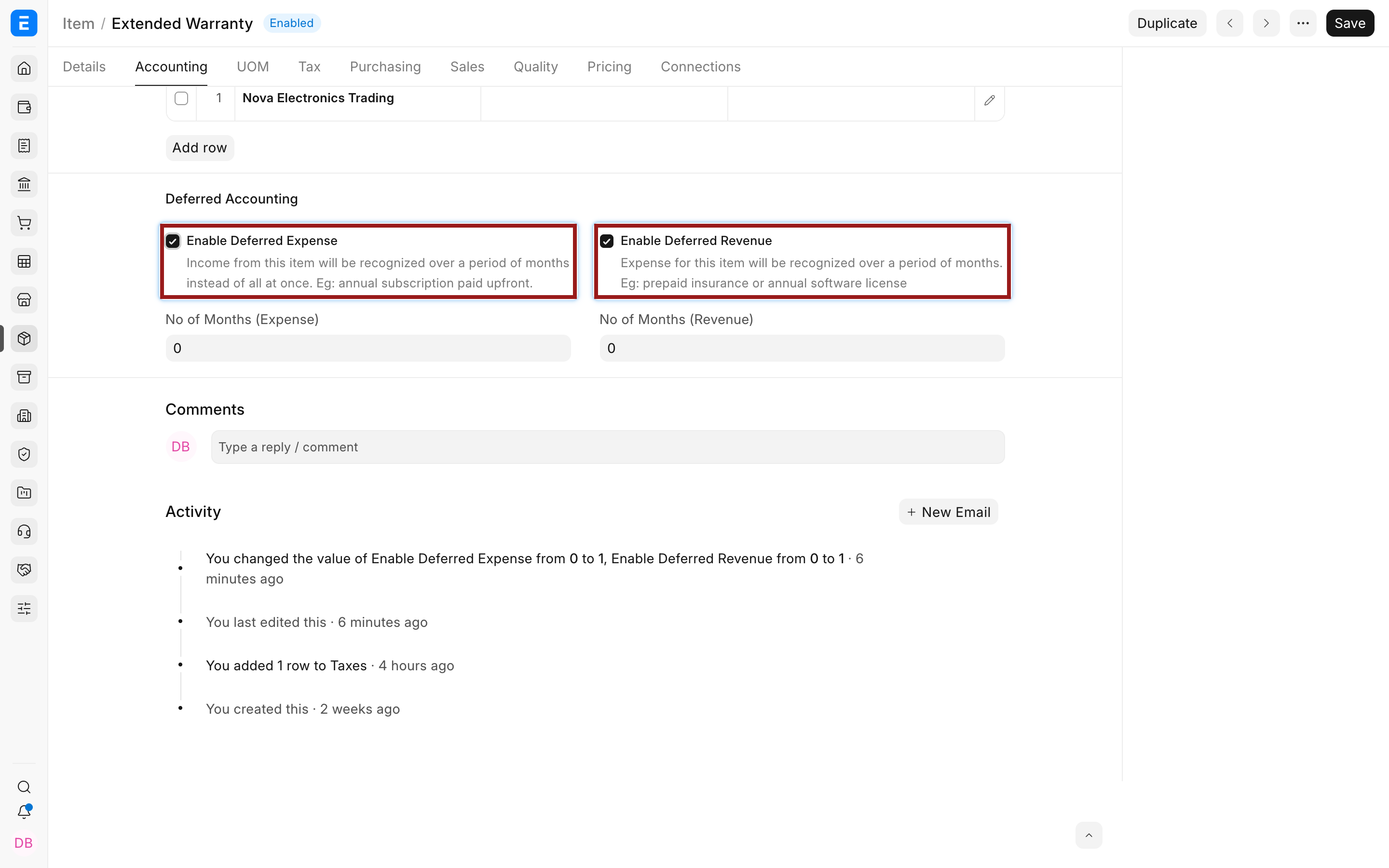 Enable deferred expense on the Item