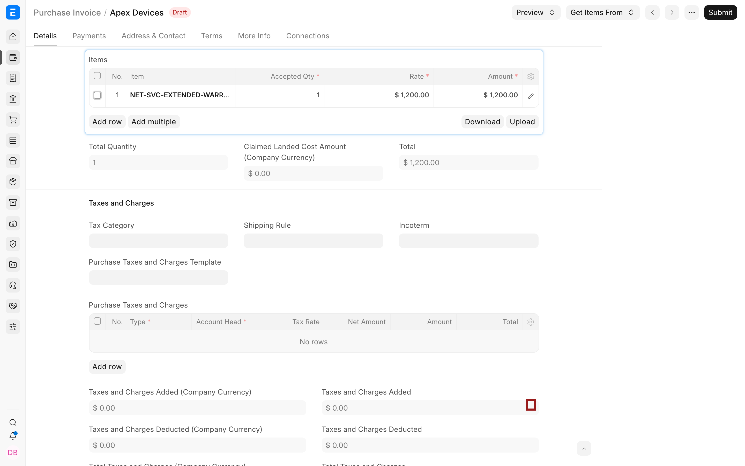Open the Purchase Invoice Item row