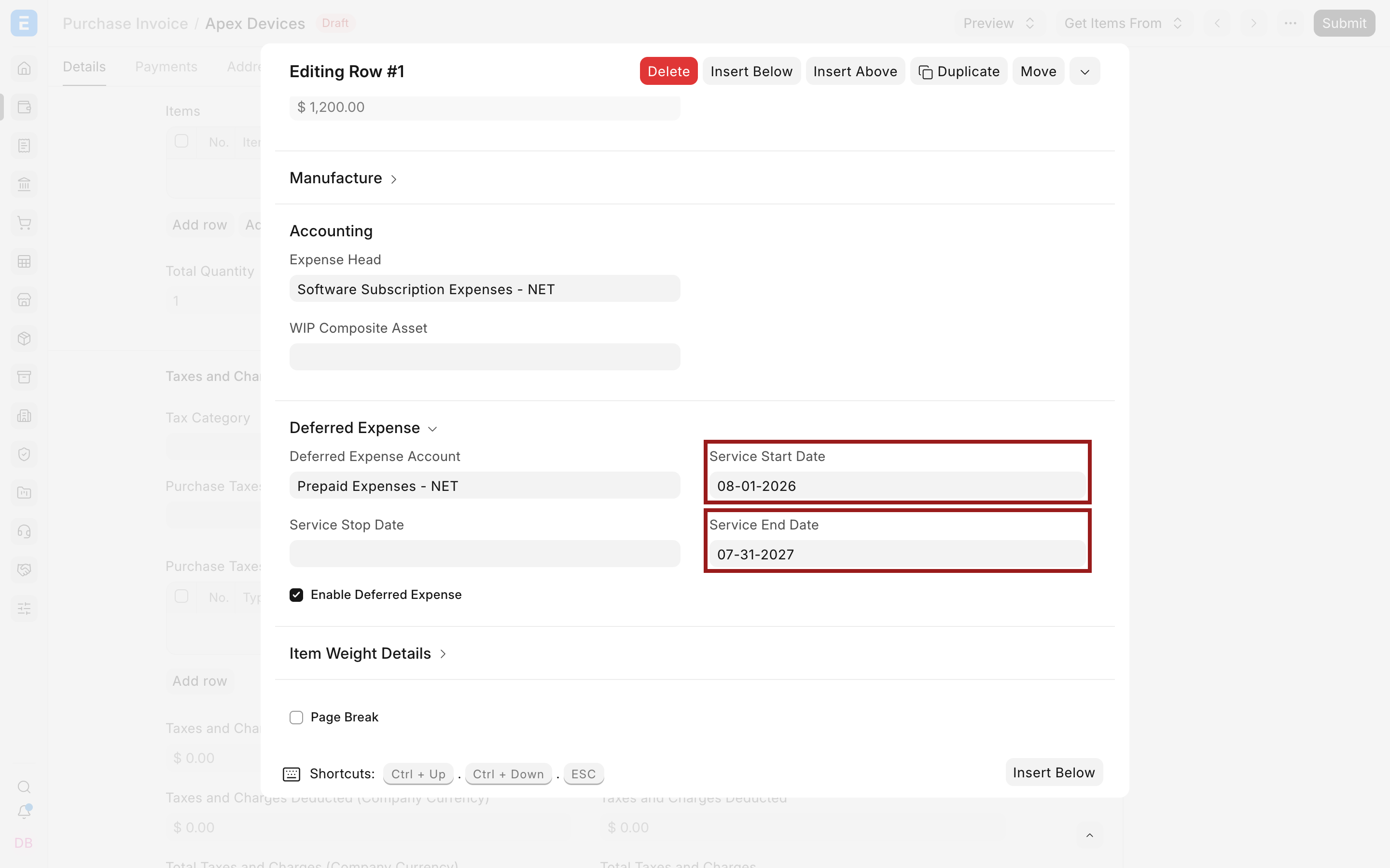 Deferred expense account and service period