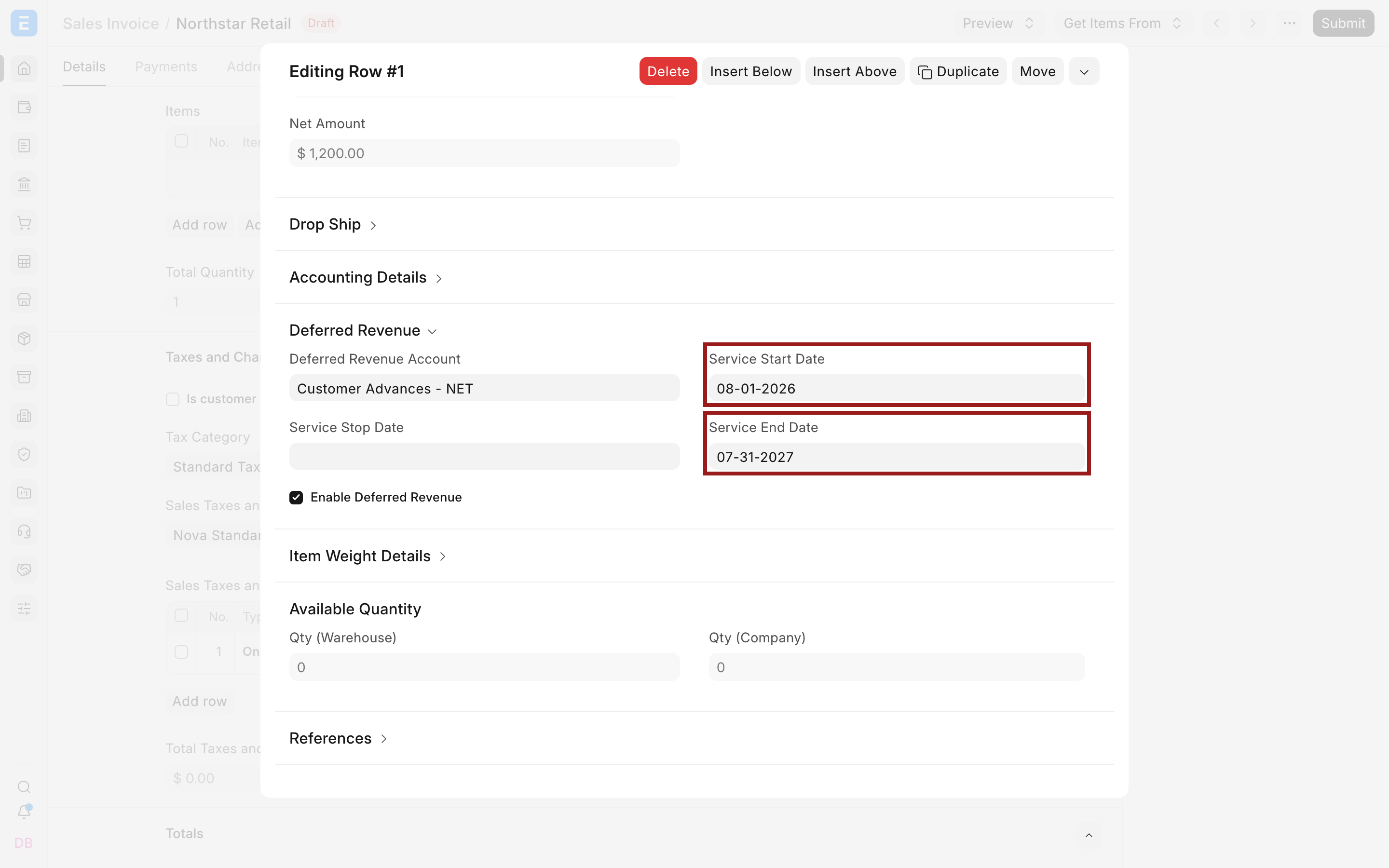 Deferred revenue account and service dates
