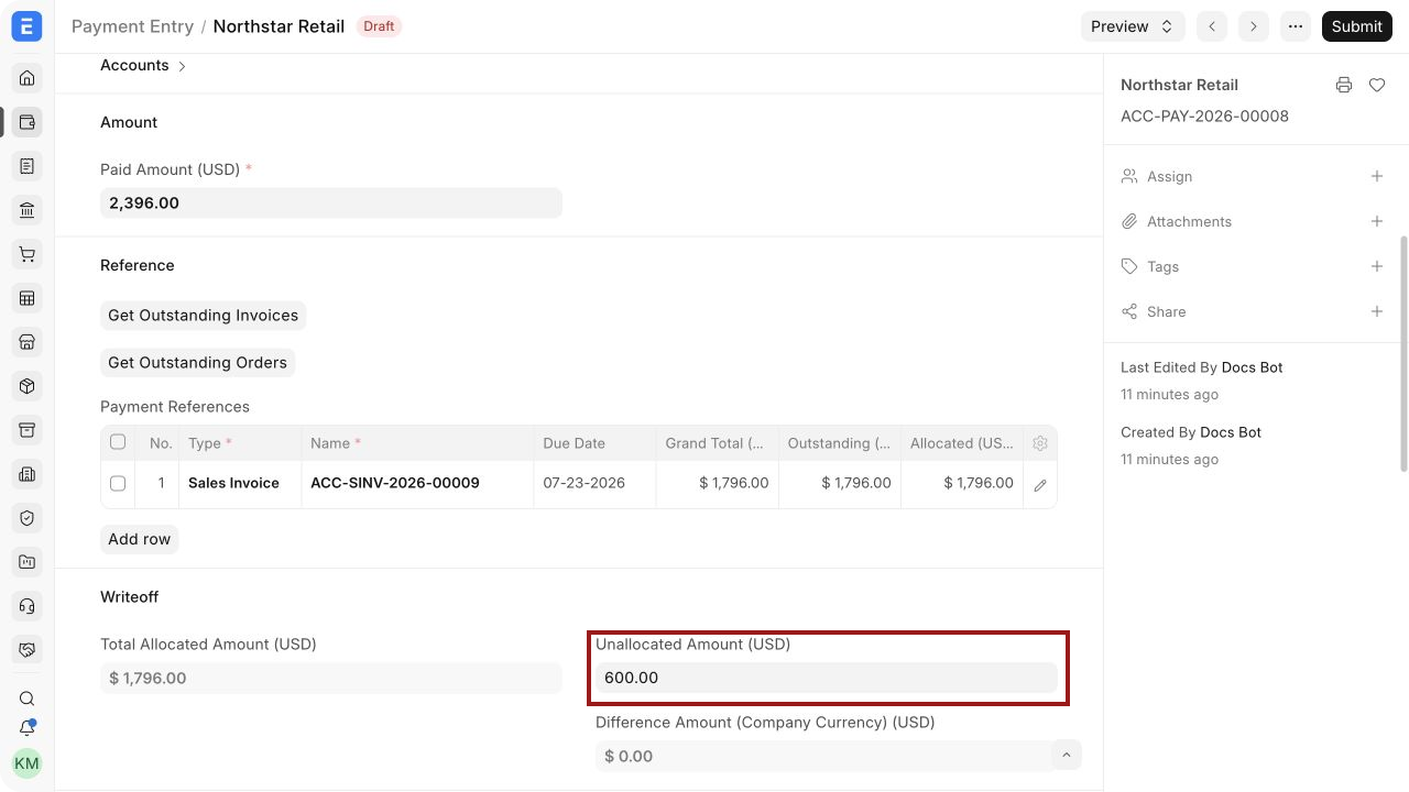 Customer payment with the invoice allocated and the excess left unallocated