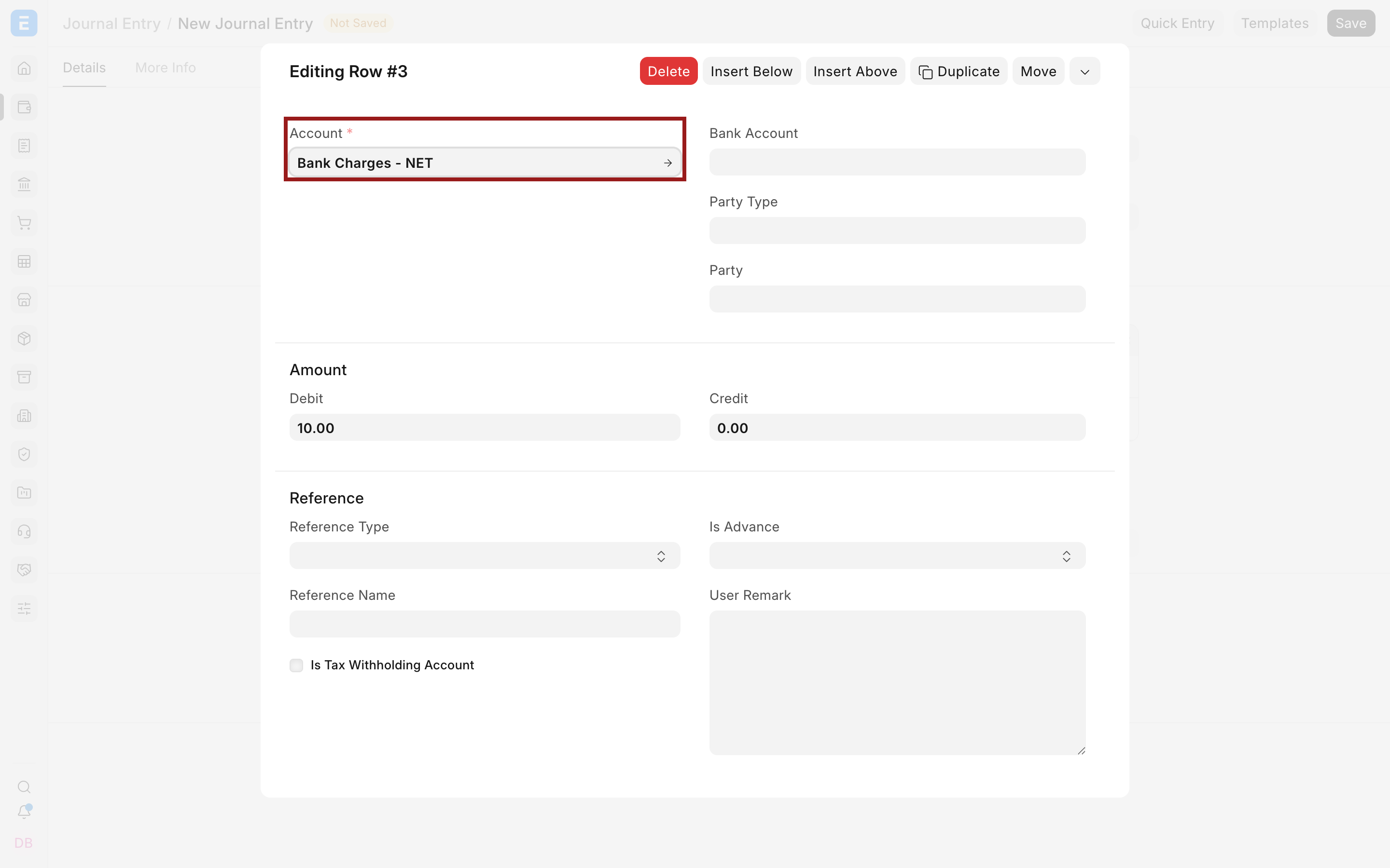 Difference row editor with Bank Charges account highlighted