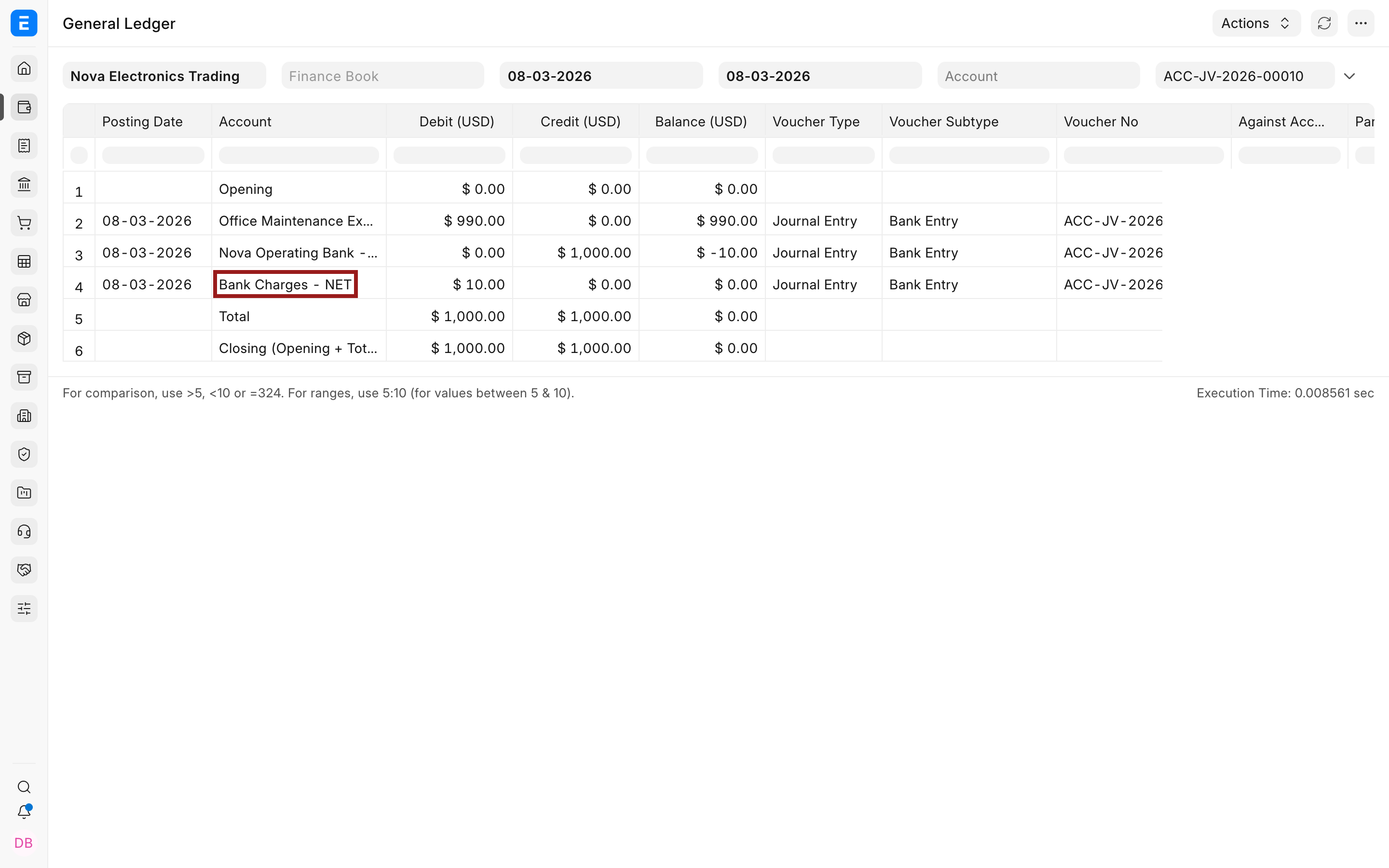 General Ledger showing the Bank Charges difference entry