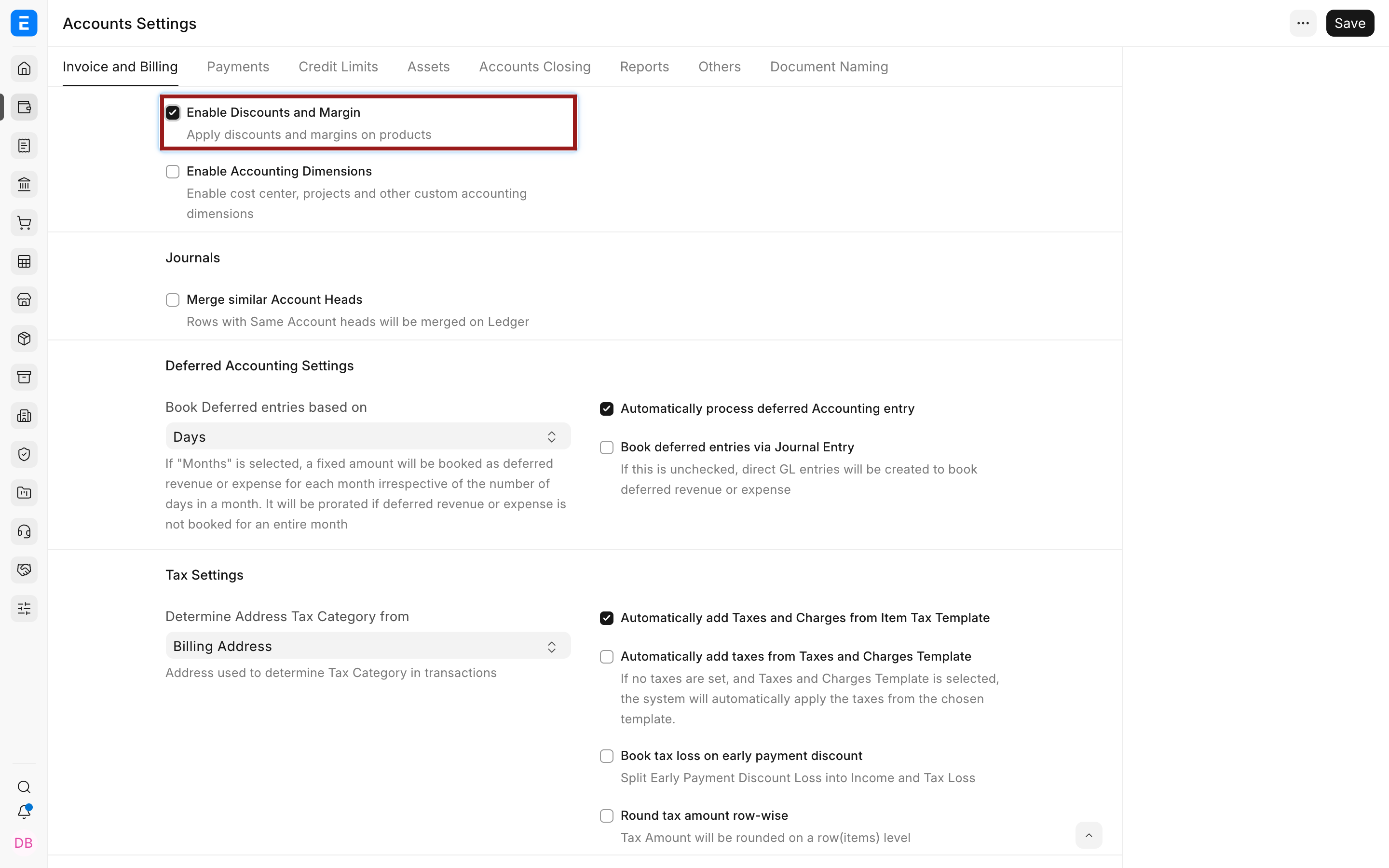 Accounts Settings with Enable Discounts and Margin highlighted
