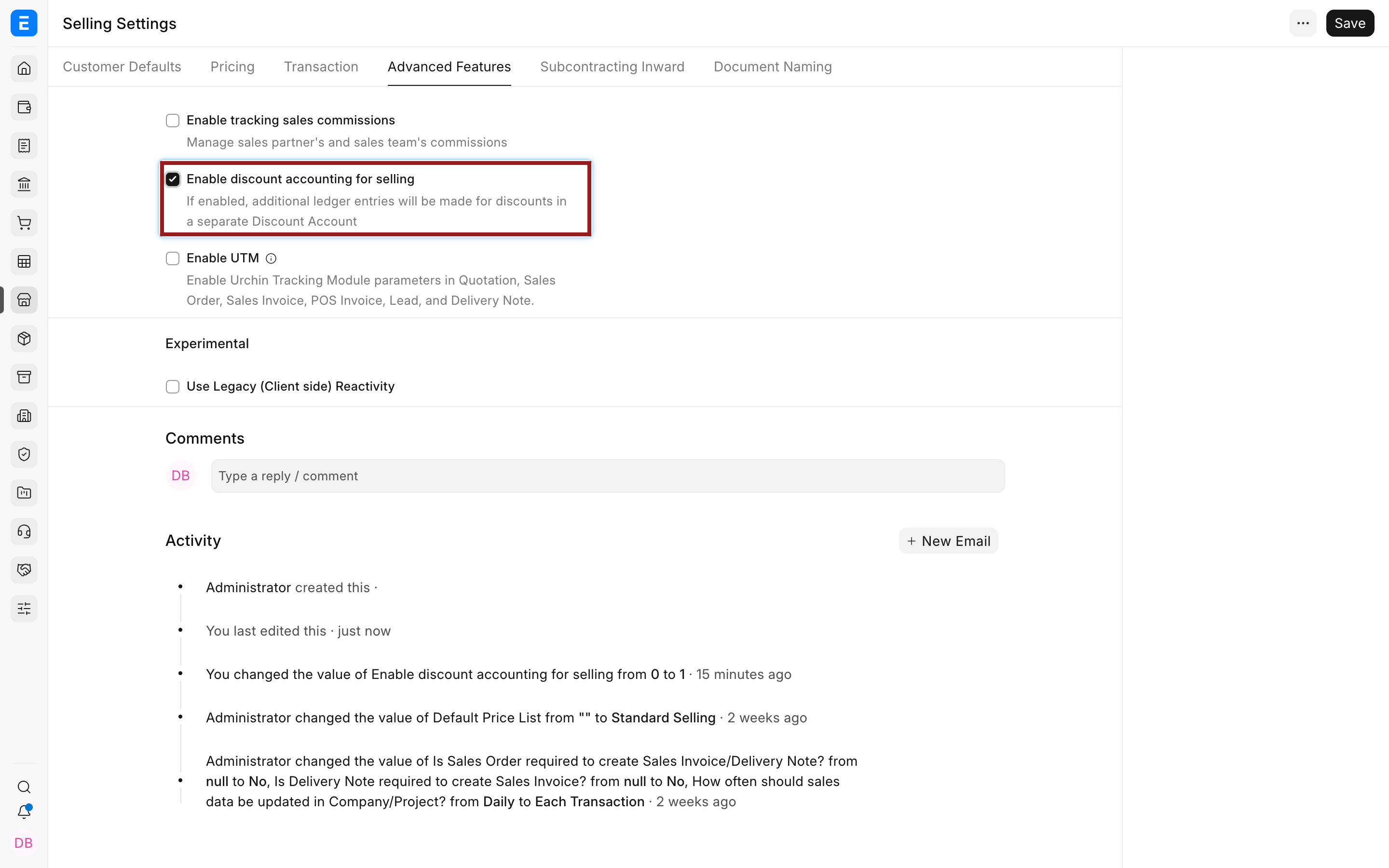 Selling Settings with Enable discount accounting for selling highlighted