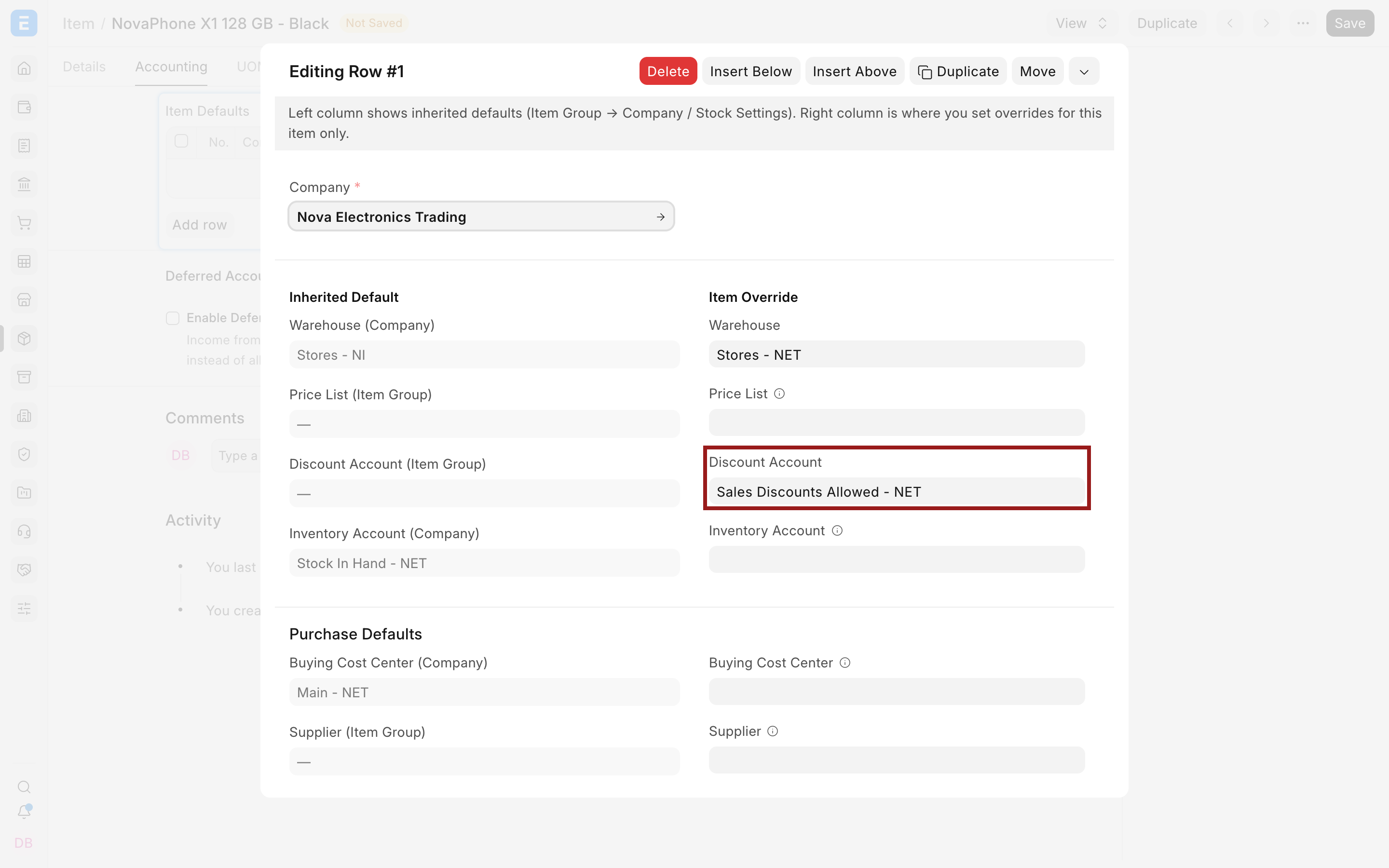 Item Default with Discount Account highlighted