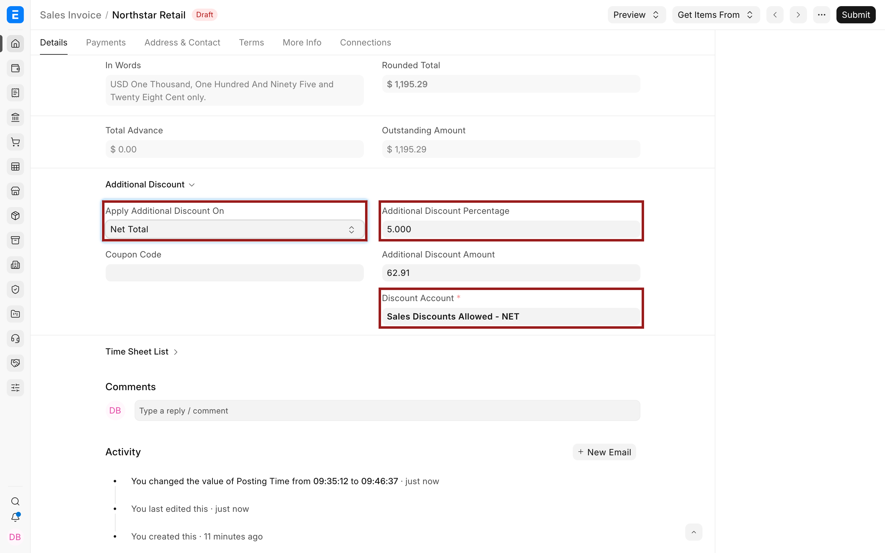 Sales Invoice Additional Discount fields and Discount Account highlighted