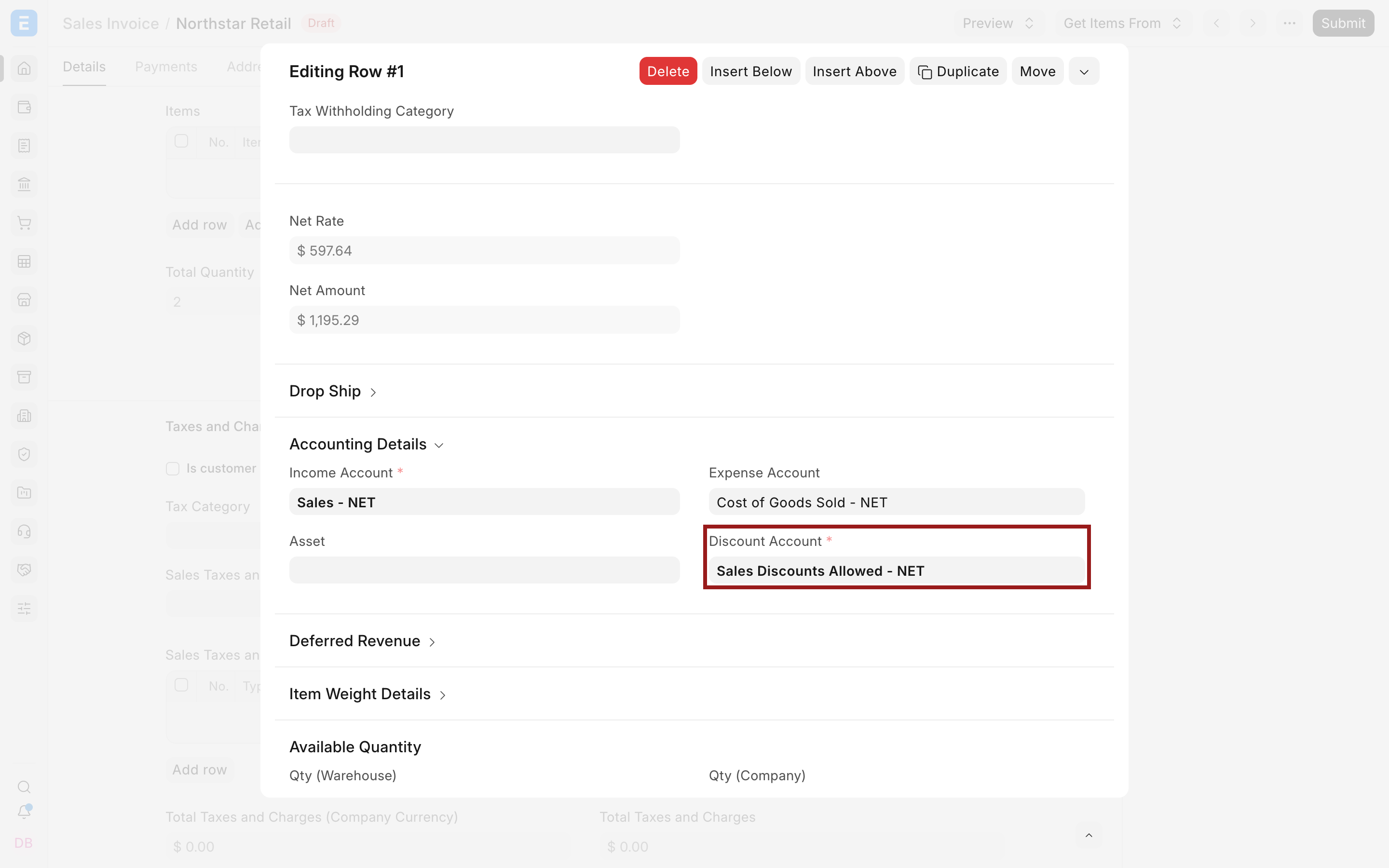 Sales Invoice item Discount Account highlighted