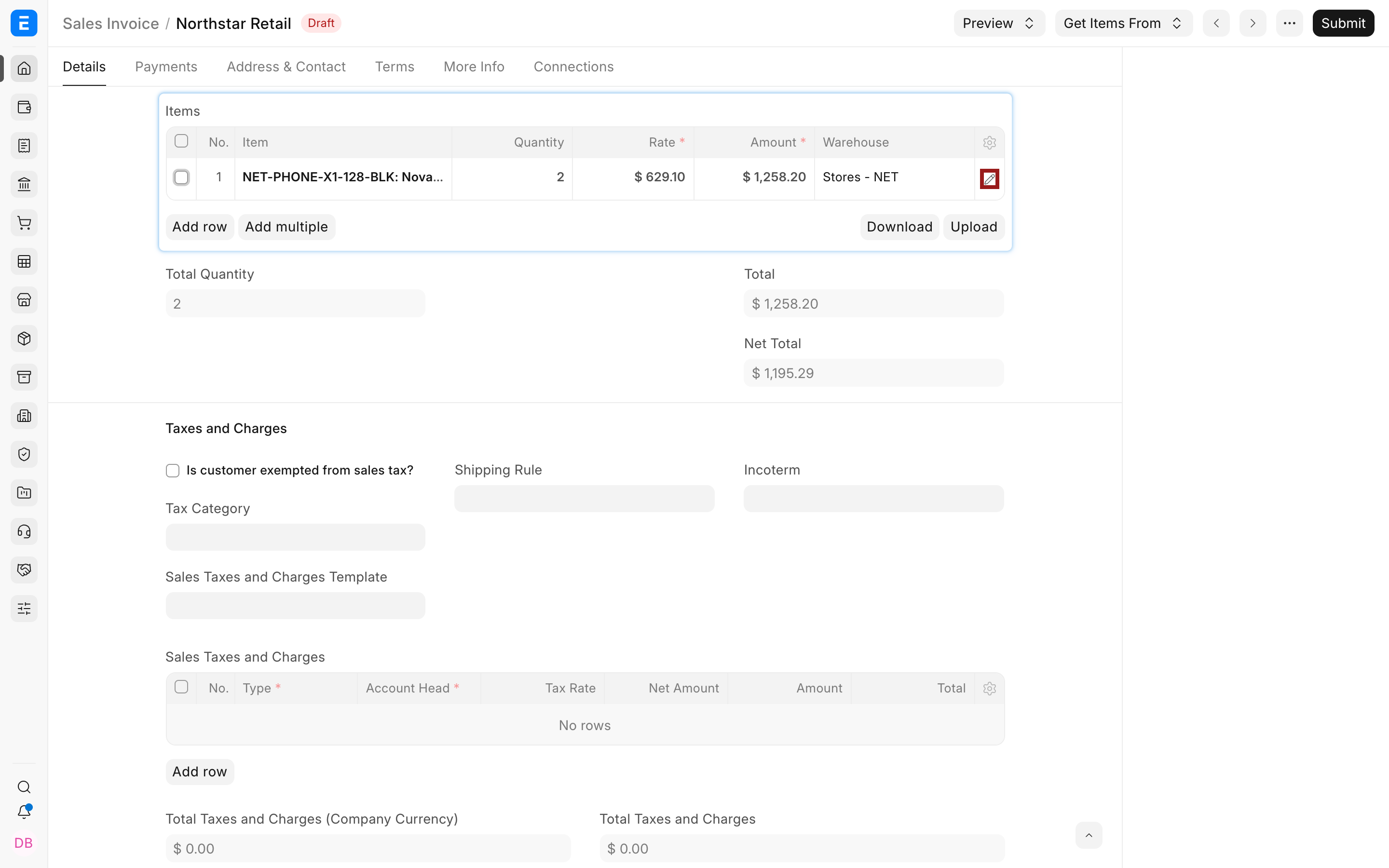 Sales Invoice item row with the pencil icon highlighted