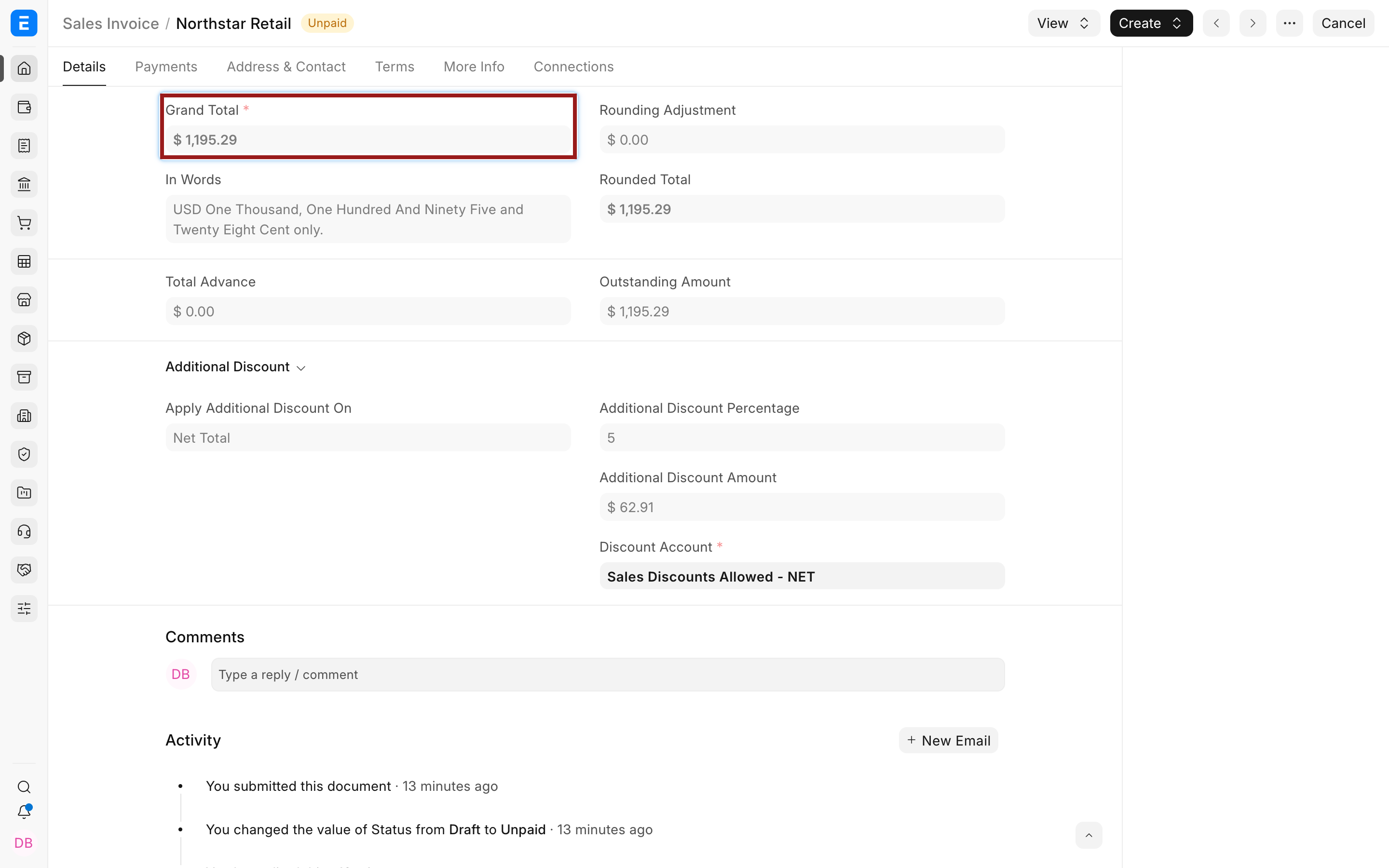 Submitted Sales Invoice total after discounts