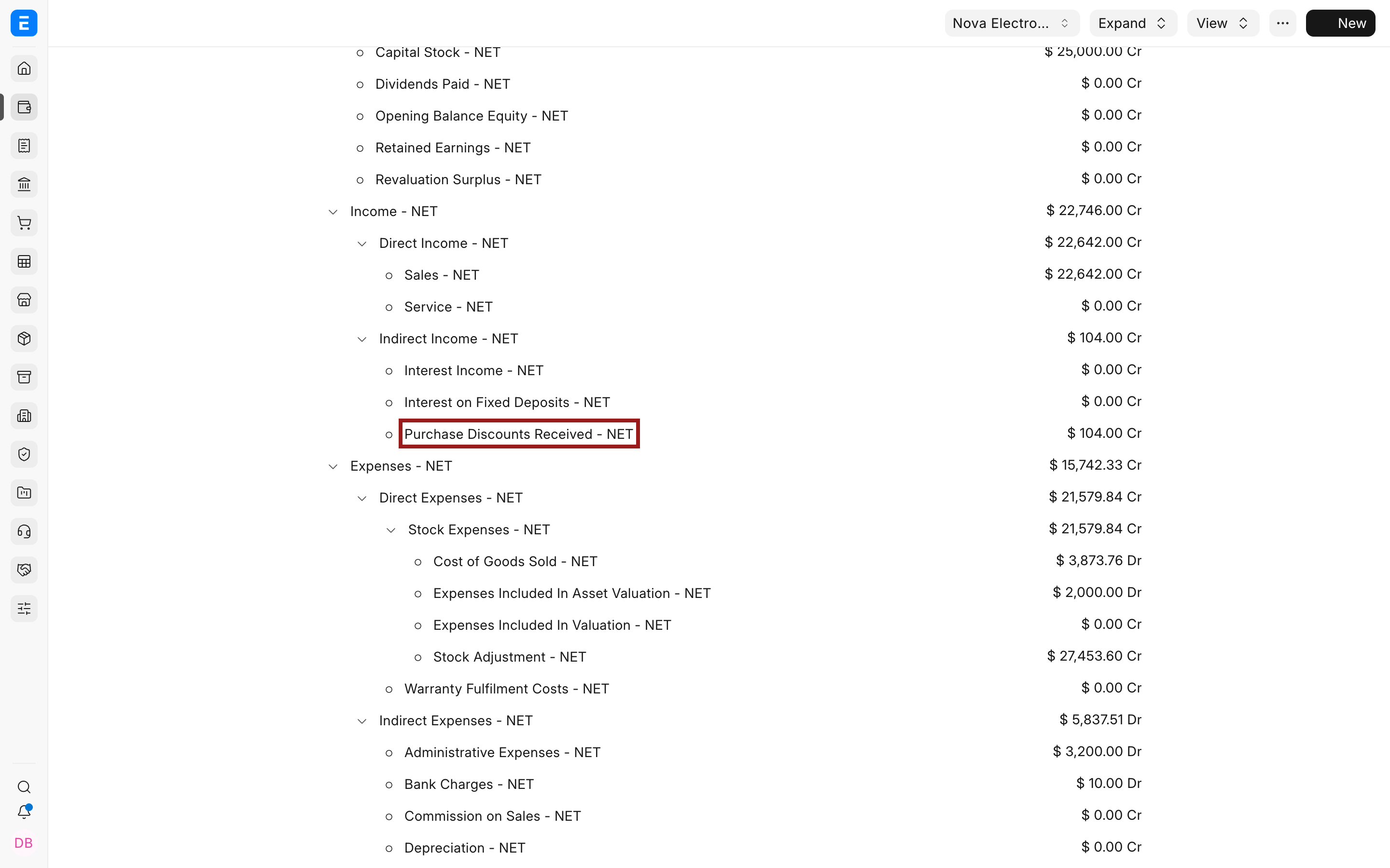Purchase Discounts Received account highlighted in the Chart of Accounts