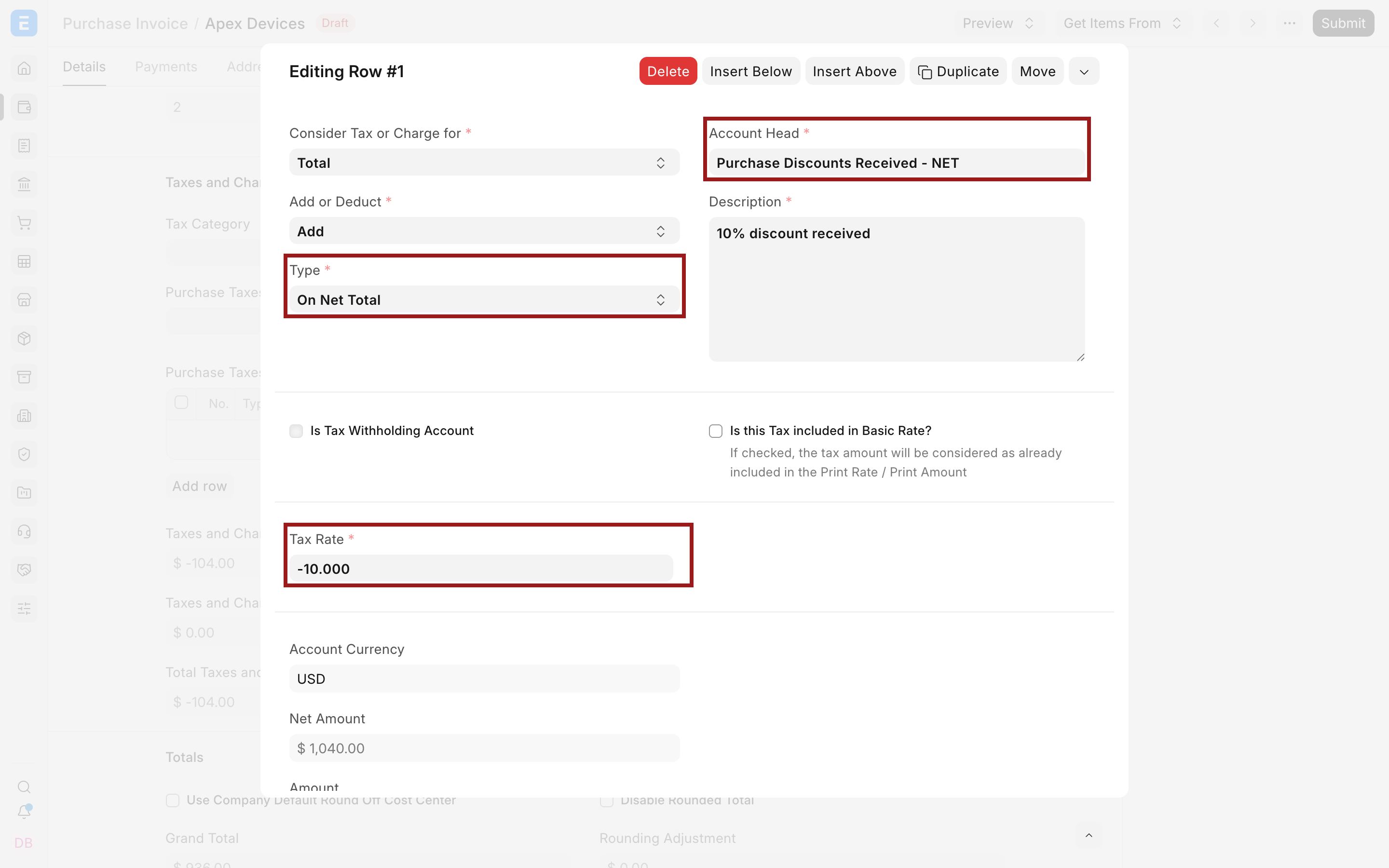 Purchase discount Type, Account Head, and negative Tax Rate highlighted