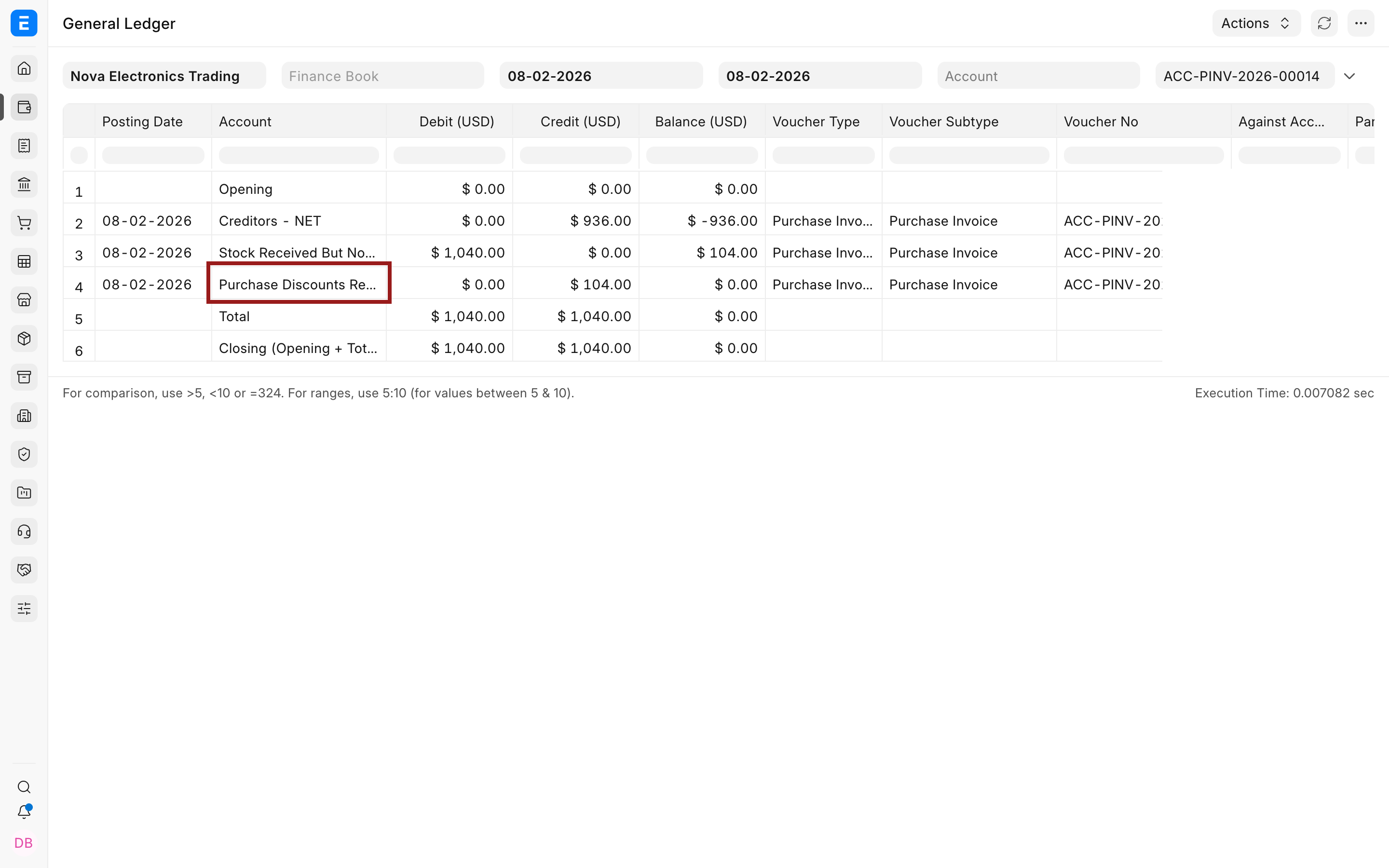 Purchase Invoice ledger with the separate discount row highlighted