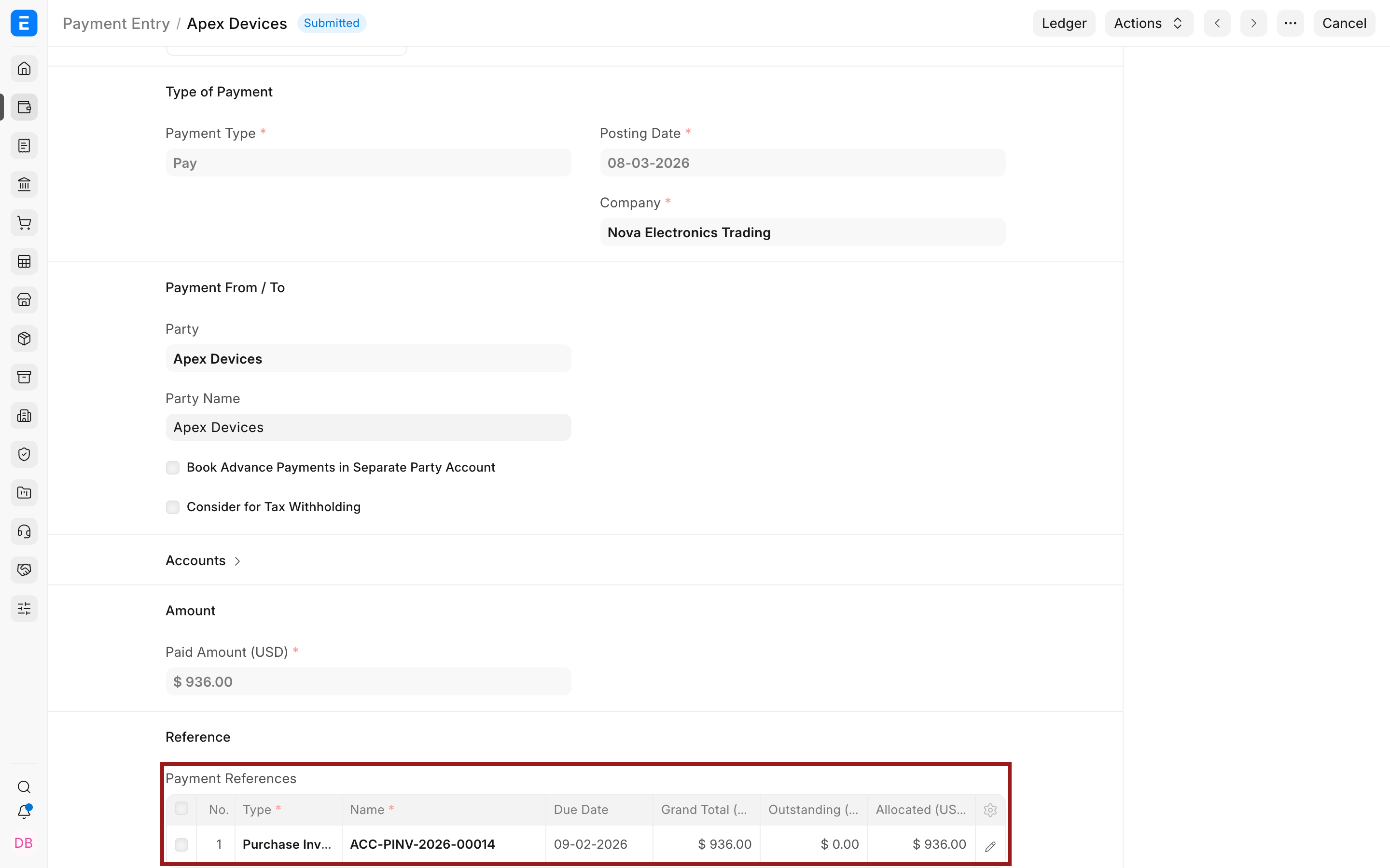 Supplier Payment Entry allocating the net Purchase Invoice amount
