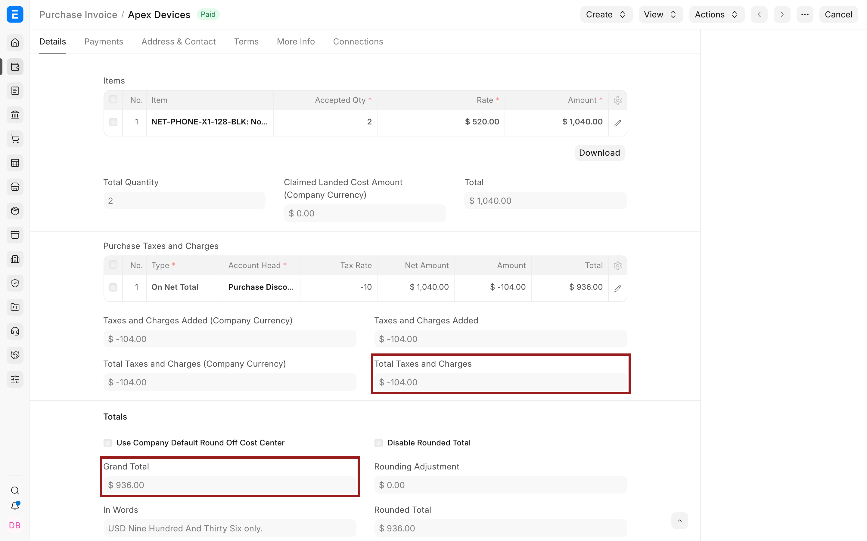 Submitted Purchase Invoice with the discount and Grand Total highlighted