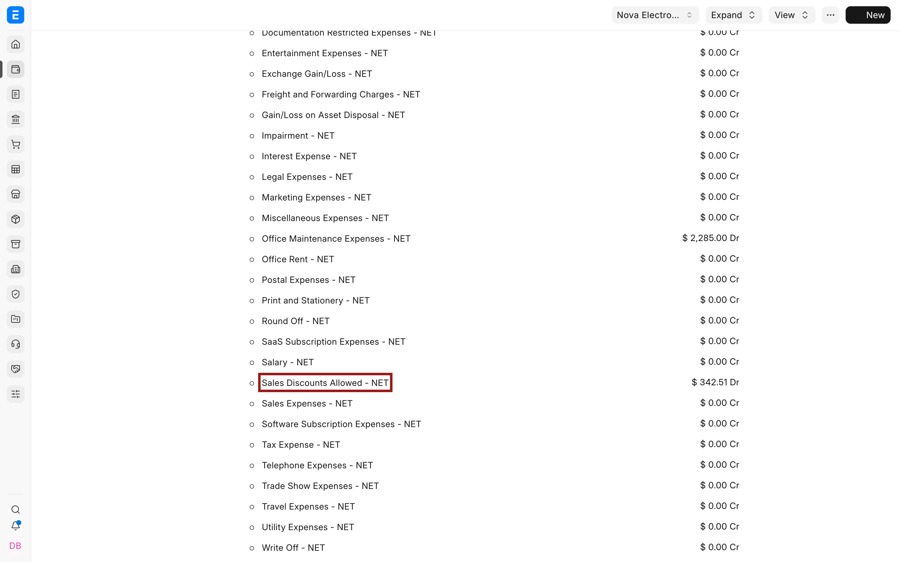 Sales Discounts Allowed account highlighted in the Chart of Accounts