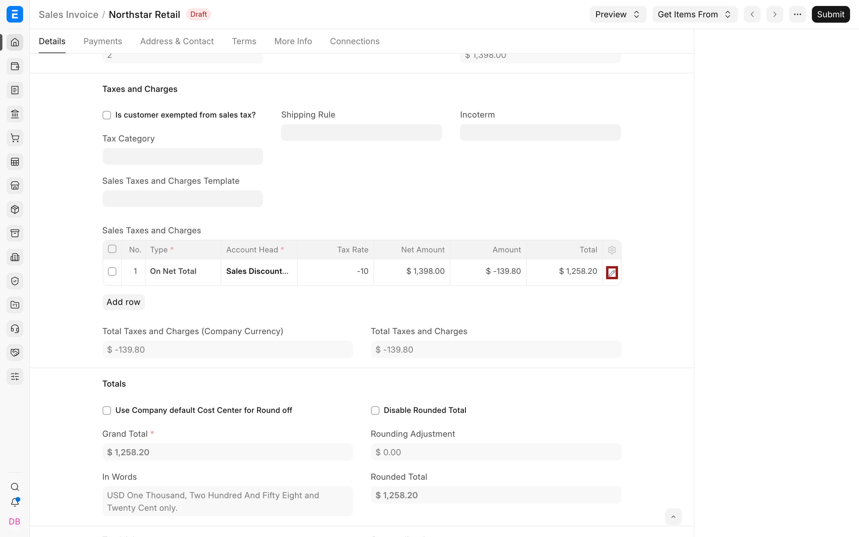 Sales Invoice discount row with the pencil icon highlighted