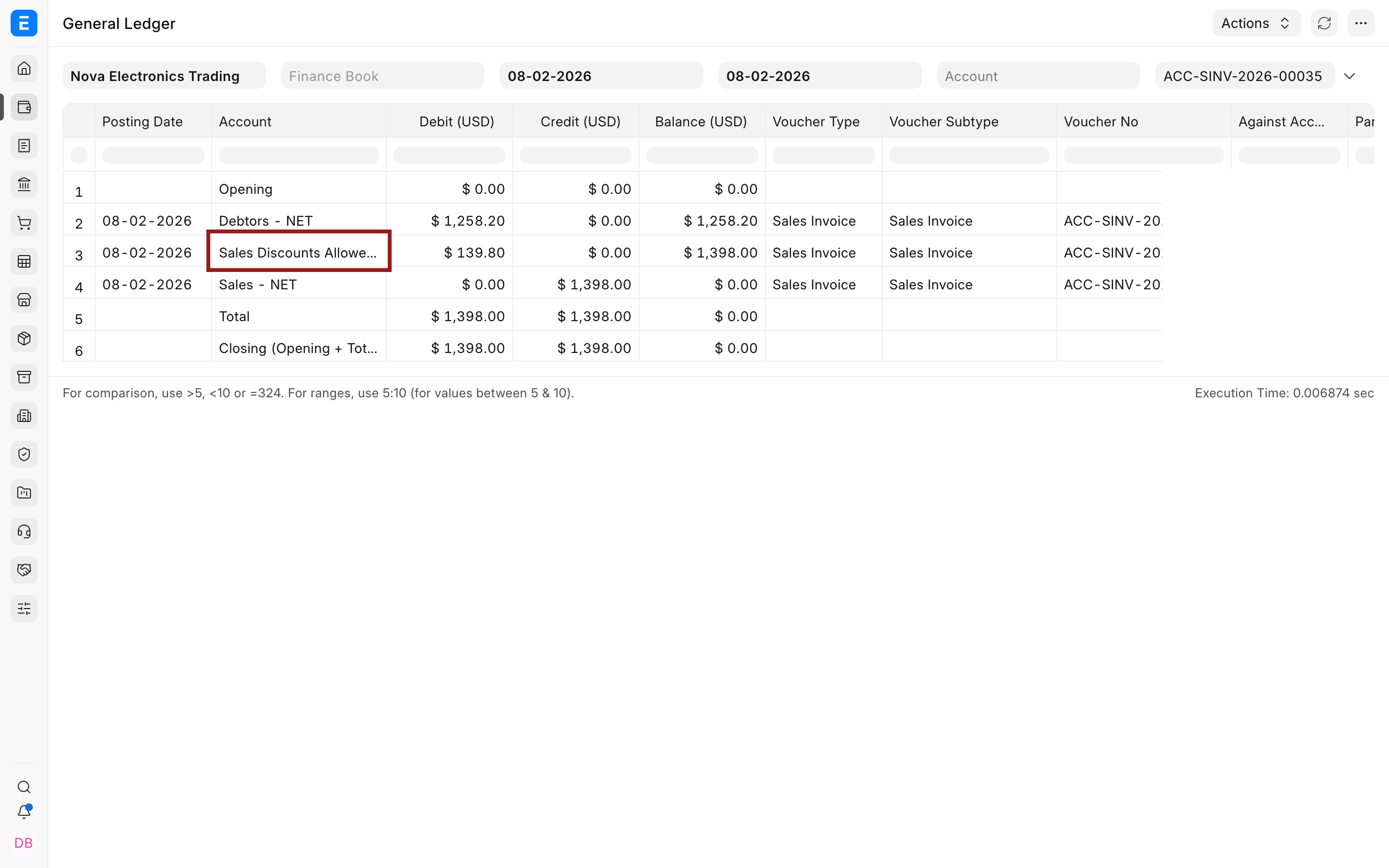 Sales Invoice ledger with the separate discount row highlighted