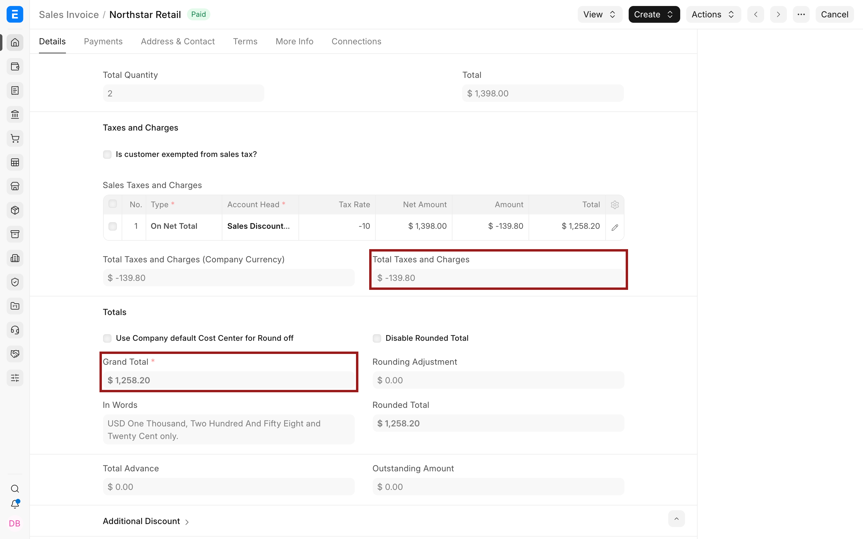 Submitted Sales Invoice with the discount and Grand Total highlighted