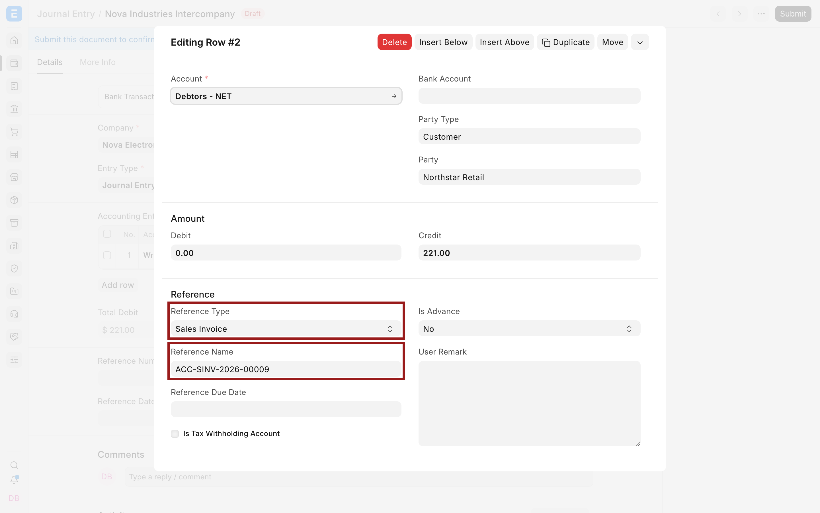 Reference Type and Reference Name on a Journal Entry accounting row