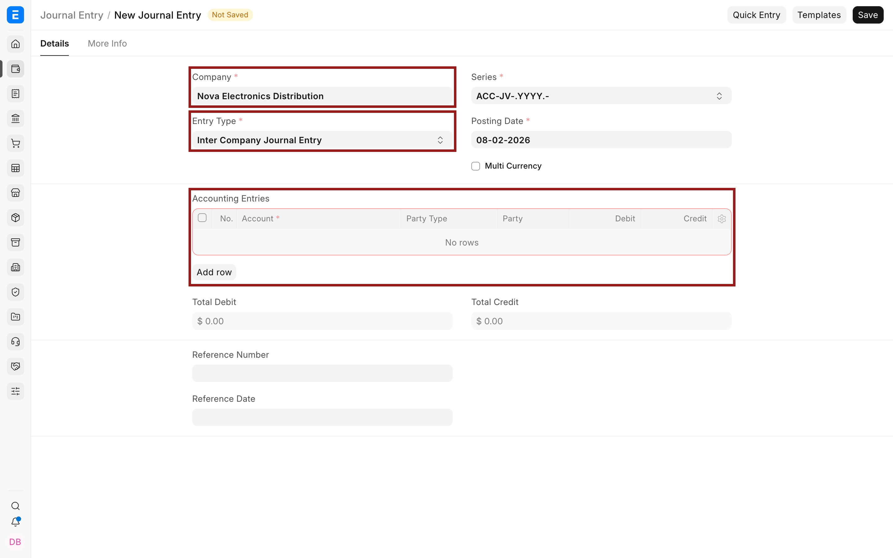 The second company's linked draft with an empty Accounting Entries table