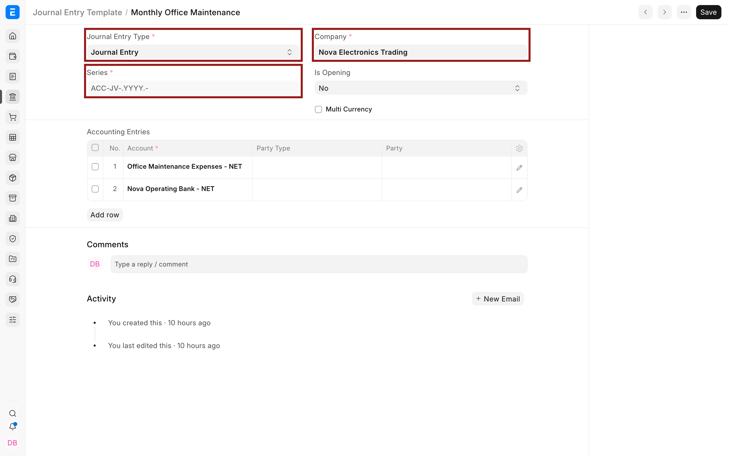 Journal Entry Template fields for entry type, company, and naming series