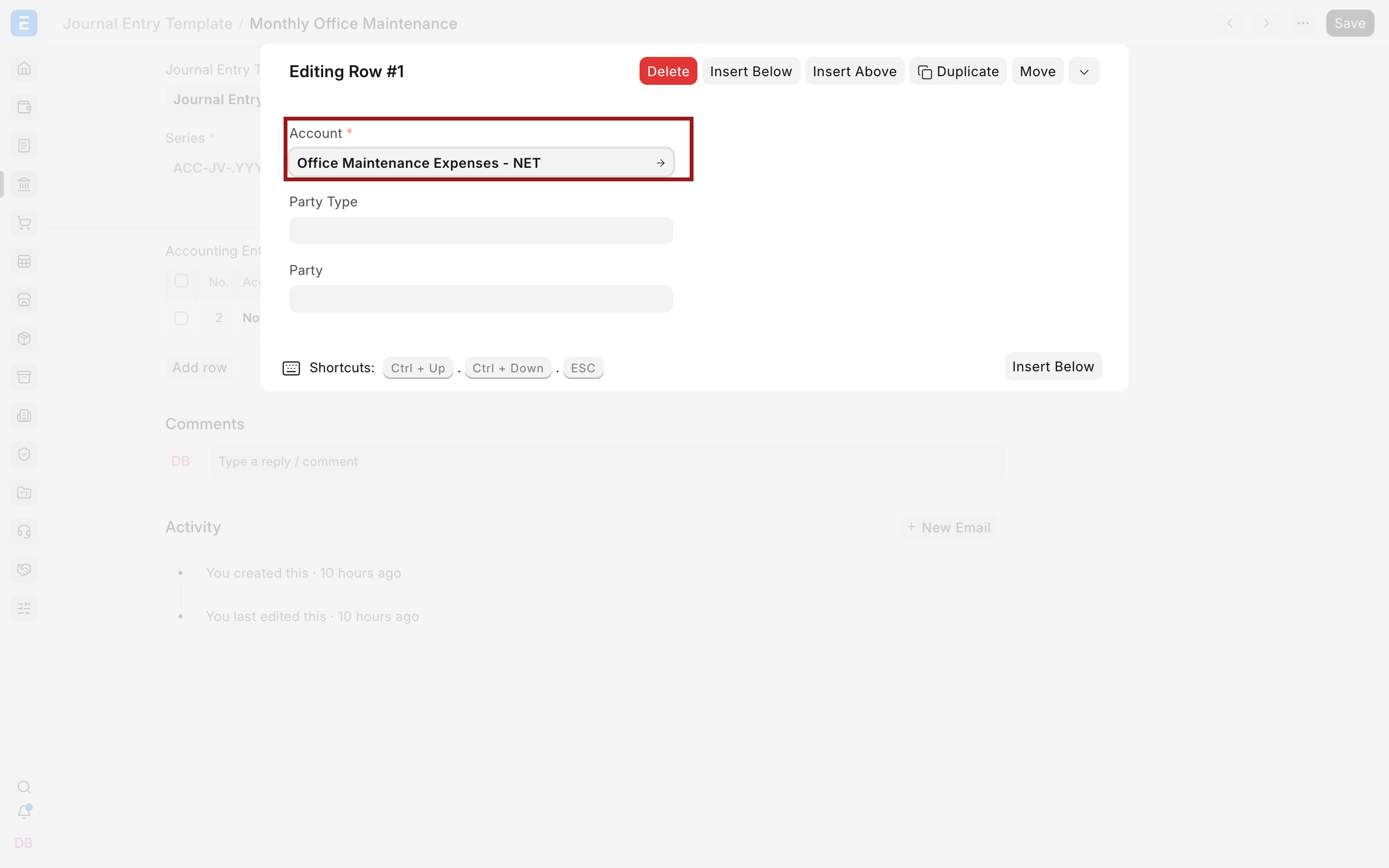 A Journal Entry Template account row editor with the Account field highlighted