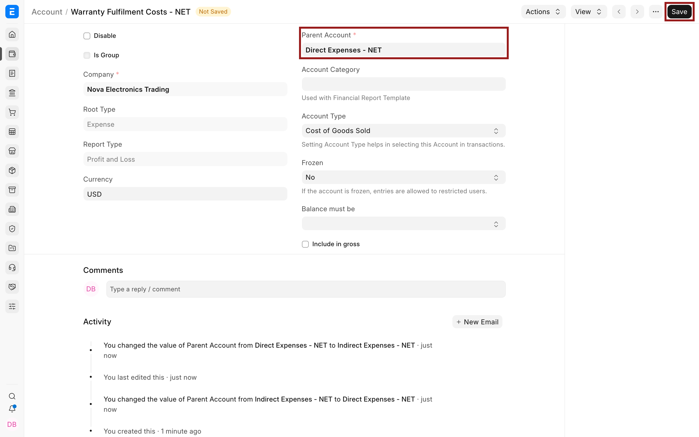 New Parent Account selected before saving