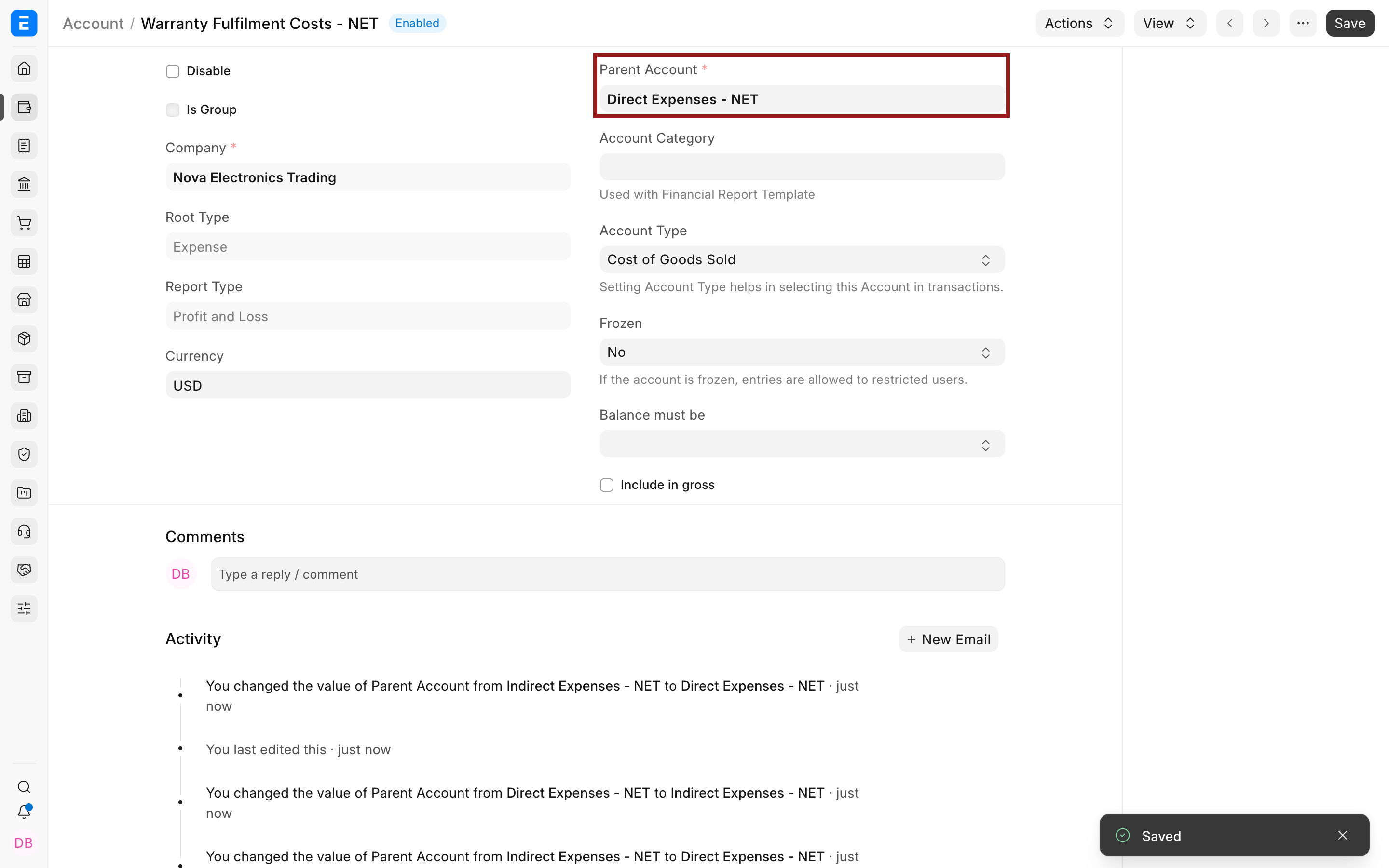 Saved Account with Direct Expenses as the new parent
