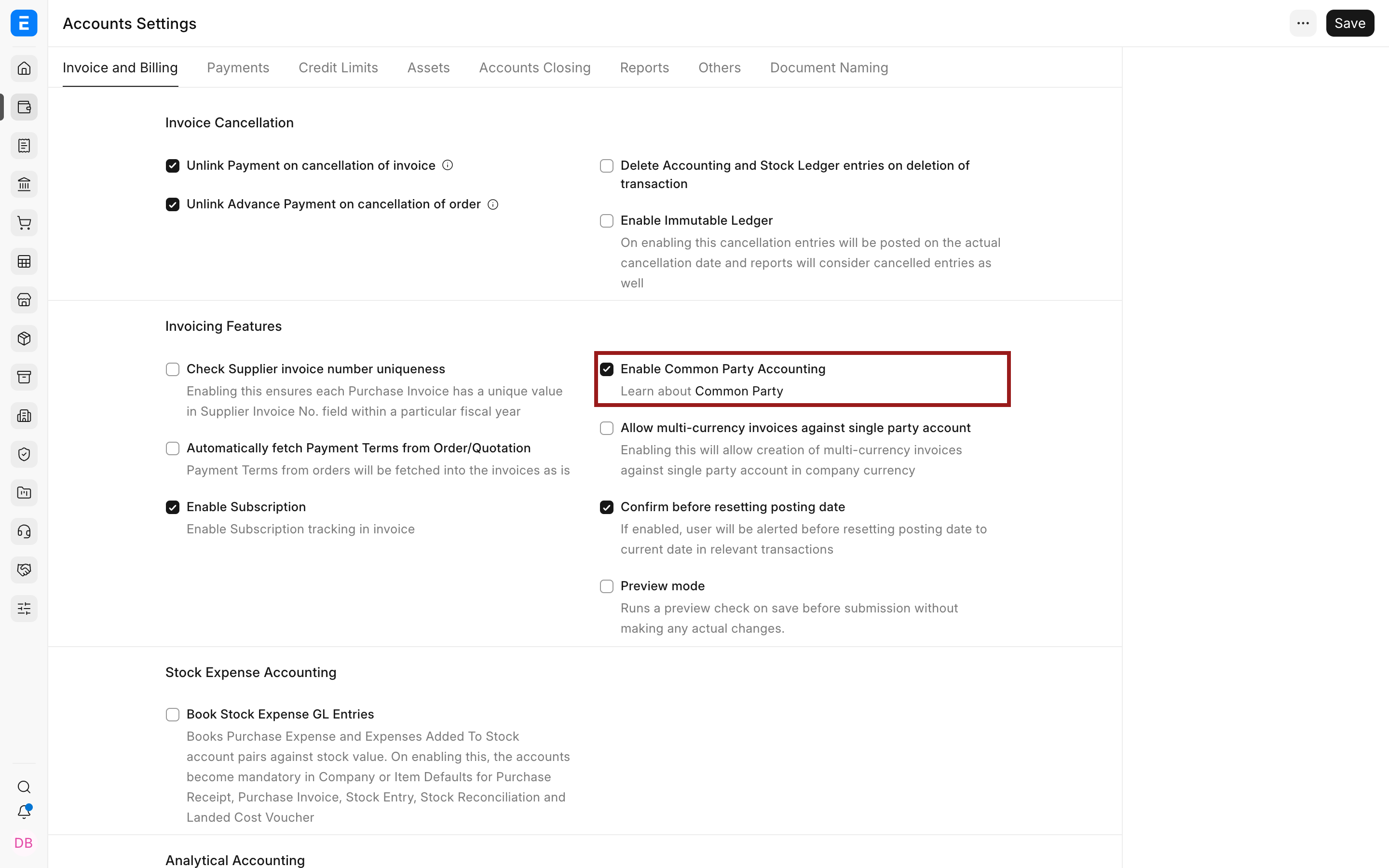 Accounts Settings with Enable Common Party Accounting highlighted