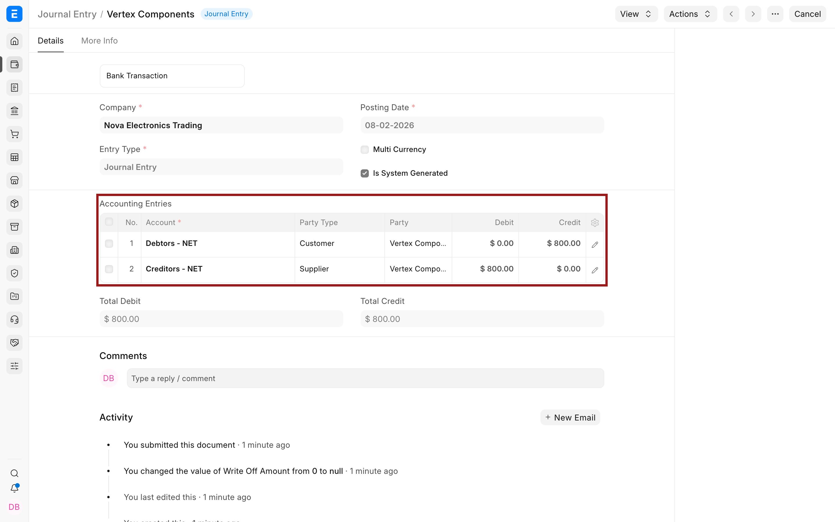 System-generated Journal Entry for the linked Customer and Supplier