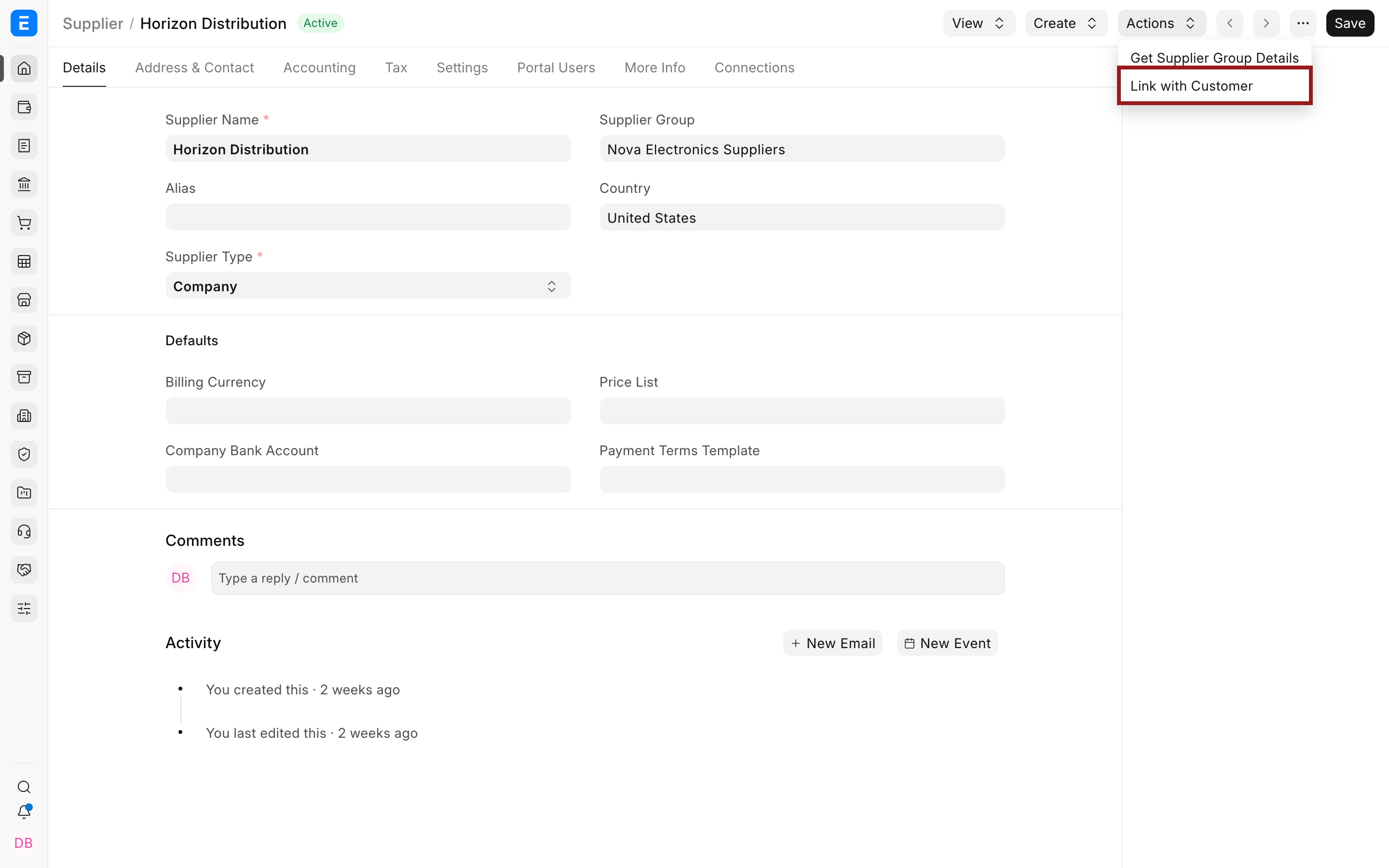 Supplier Actions menu with Link with Customer highlighted