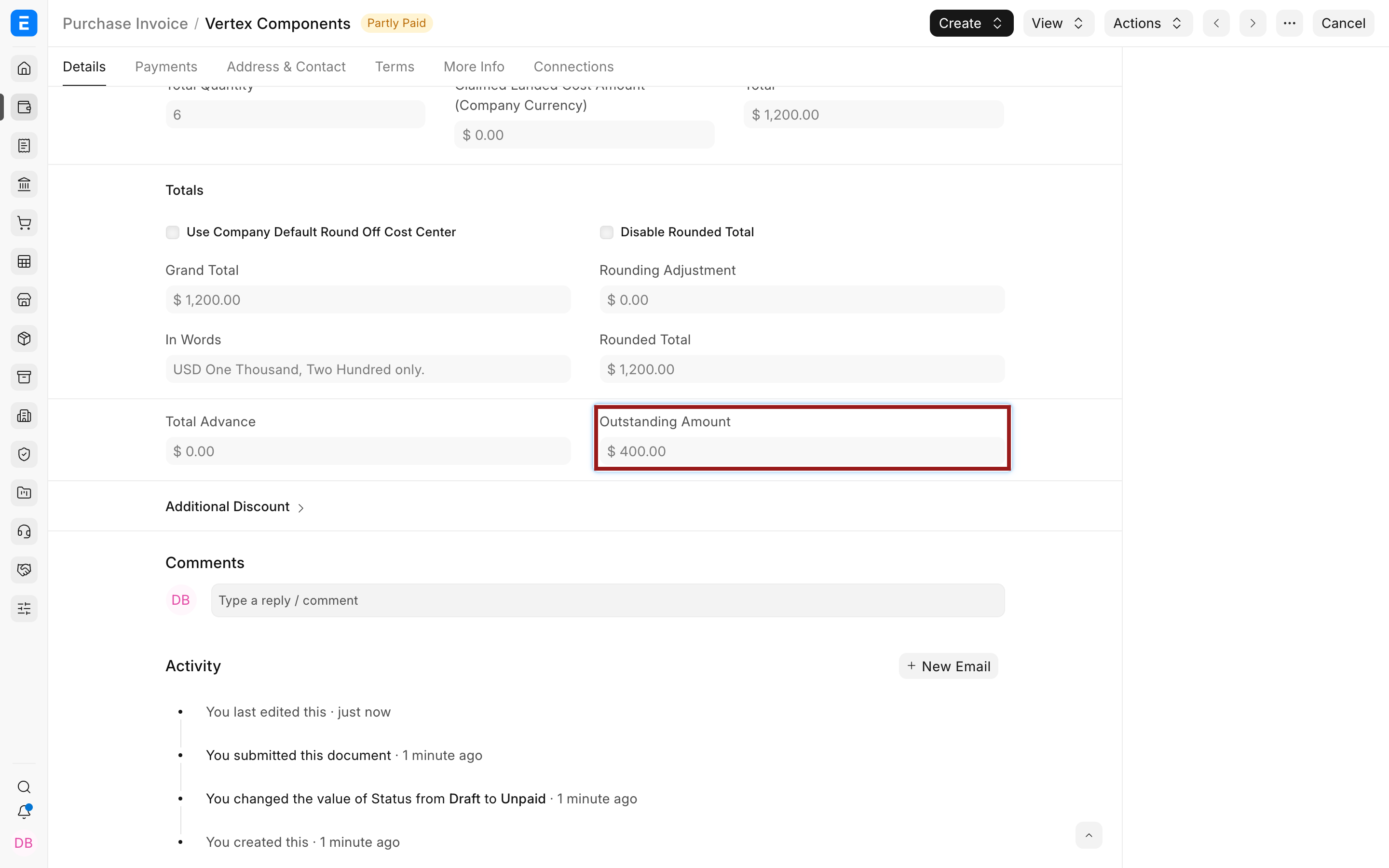 Purchase Invoice with $400 outstanding after Common Party reconciliation