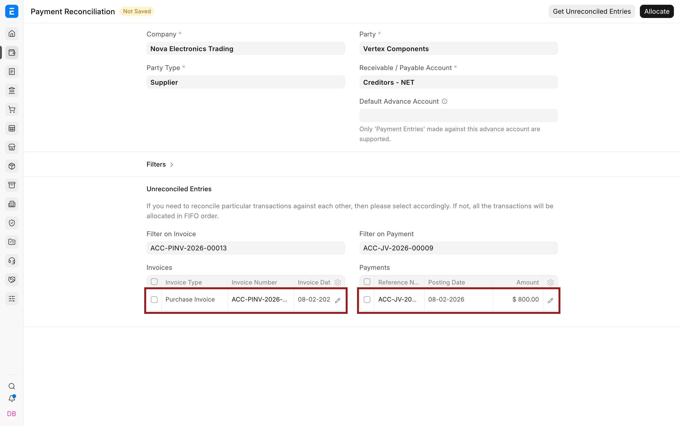 Purchase Invoice and generated Journal Entry ready for Supplier reconciliation