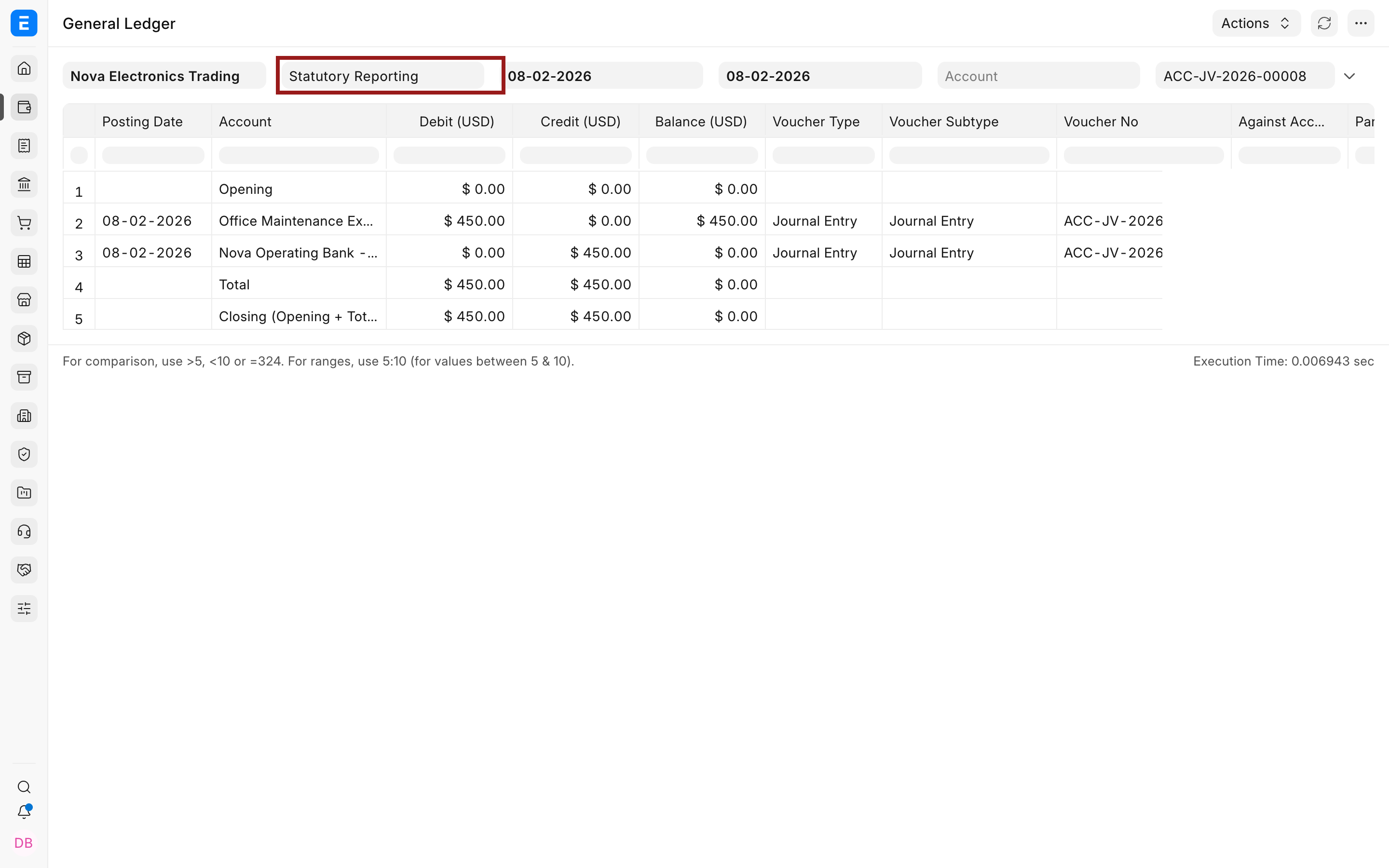General Ledger filtered by Statutory Reporting Finance Book