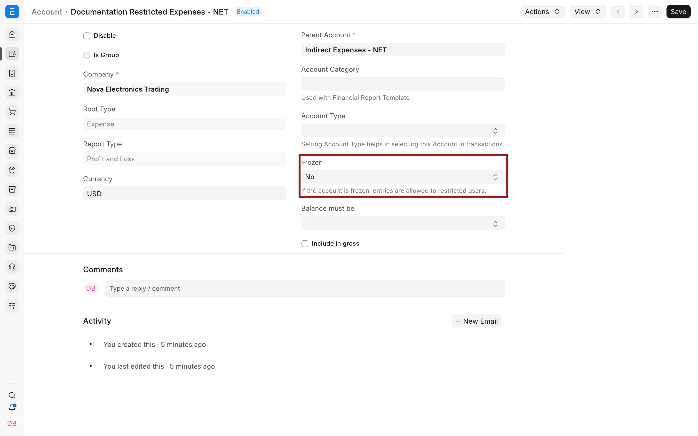 Ledger Account with Frozen set to No before the change