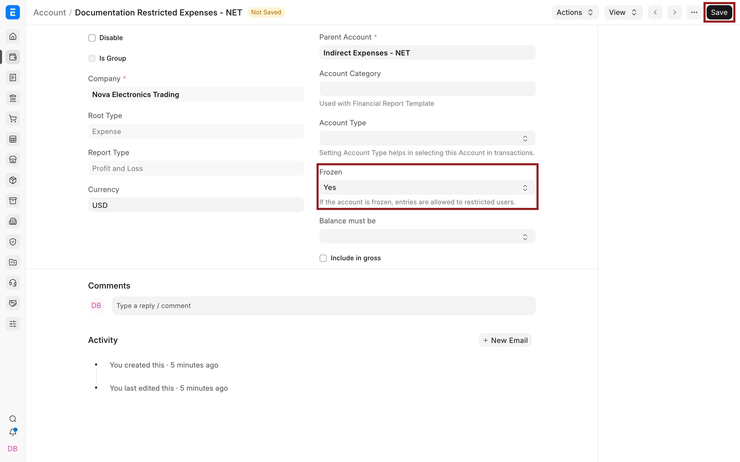 Ledger Account with Frozen set to Yes and Save highlighted