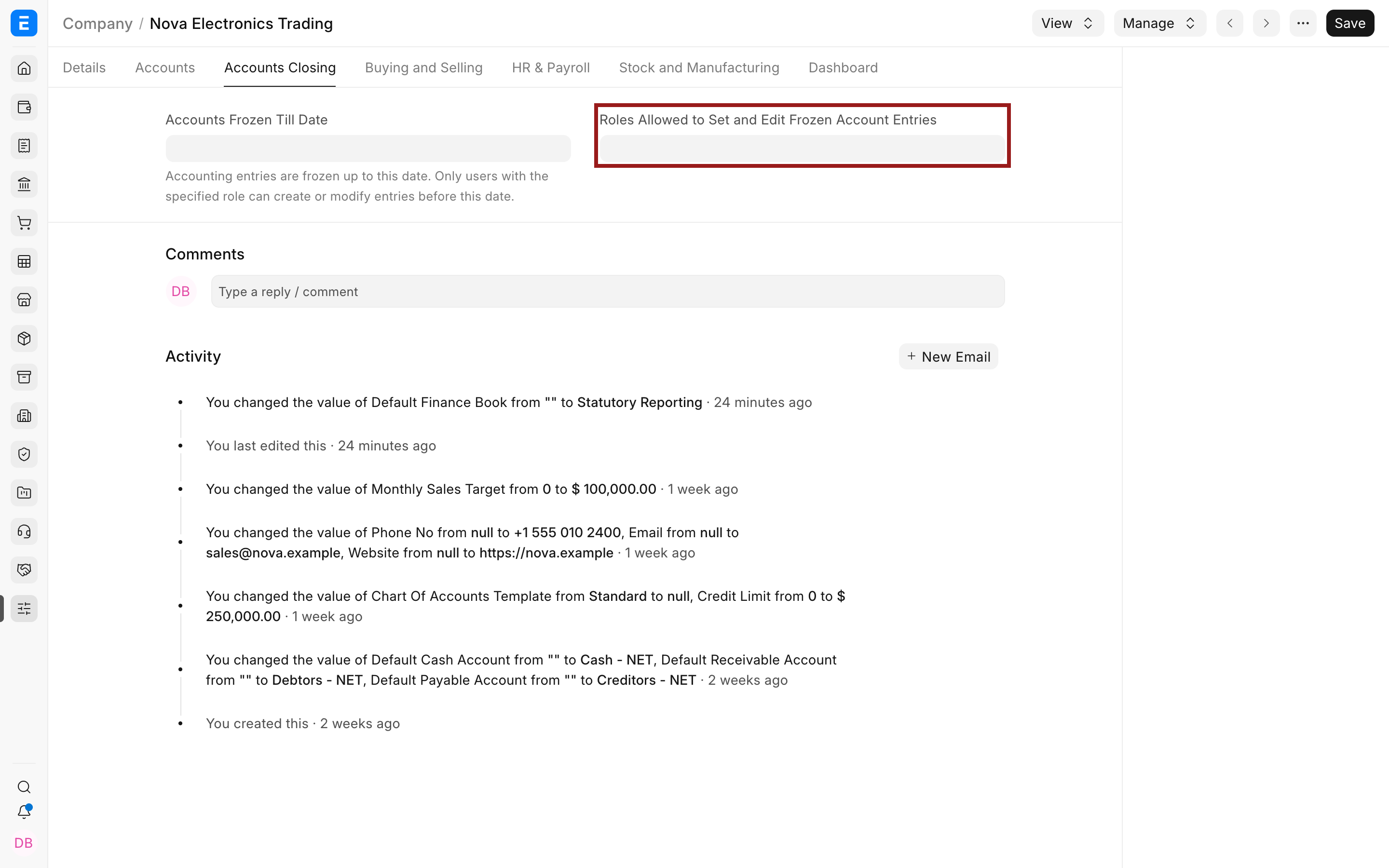 Company Accounts Closing tab with Roles Allowed to Set and Edit Frozen Account Entries highlighted