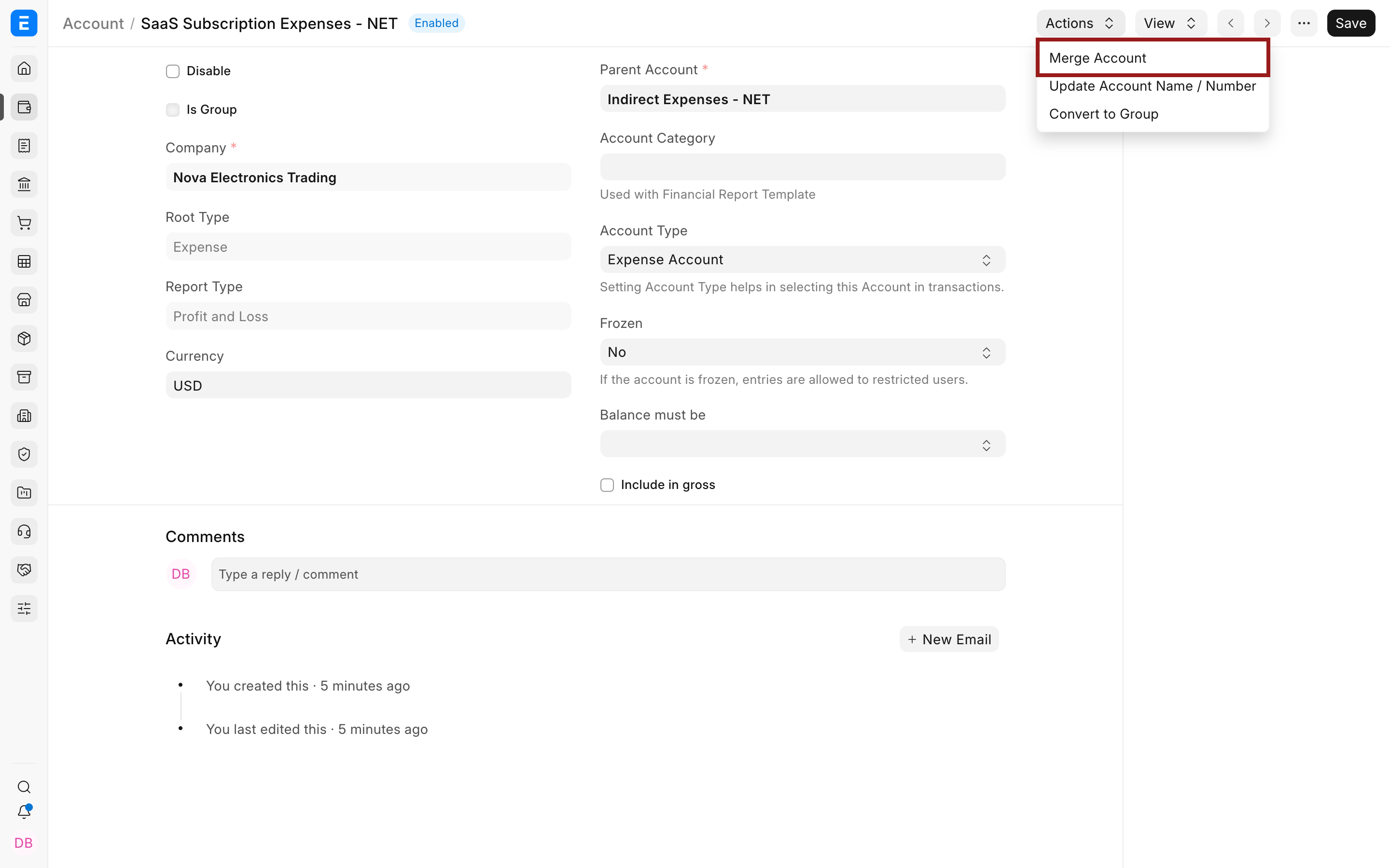 Merge Account action on an Account record
